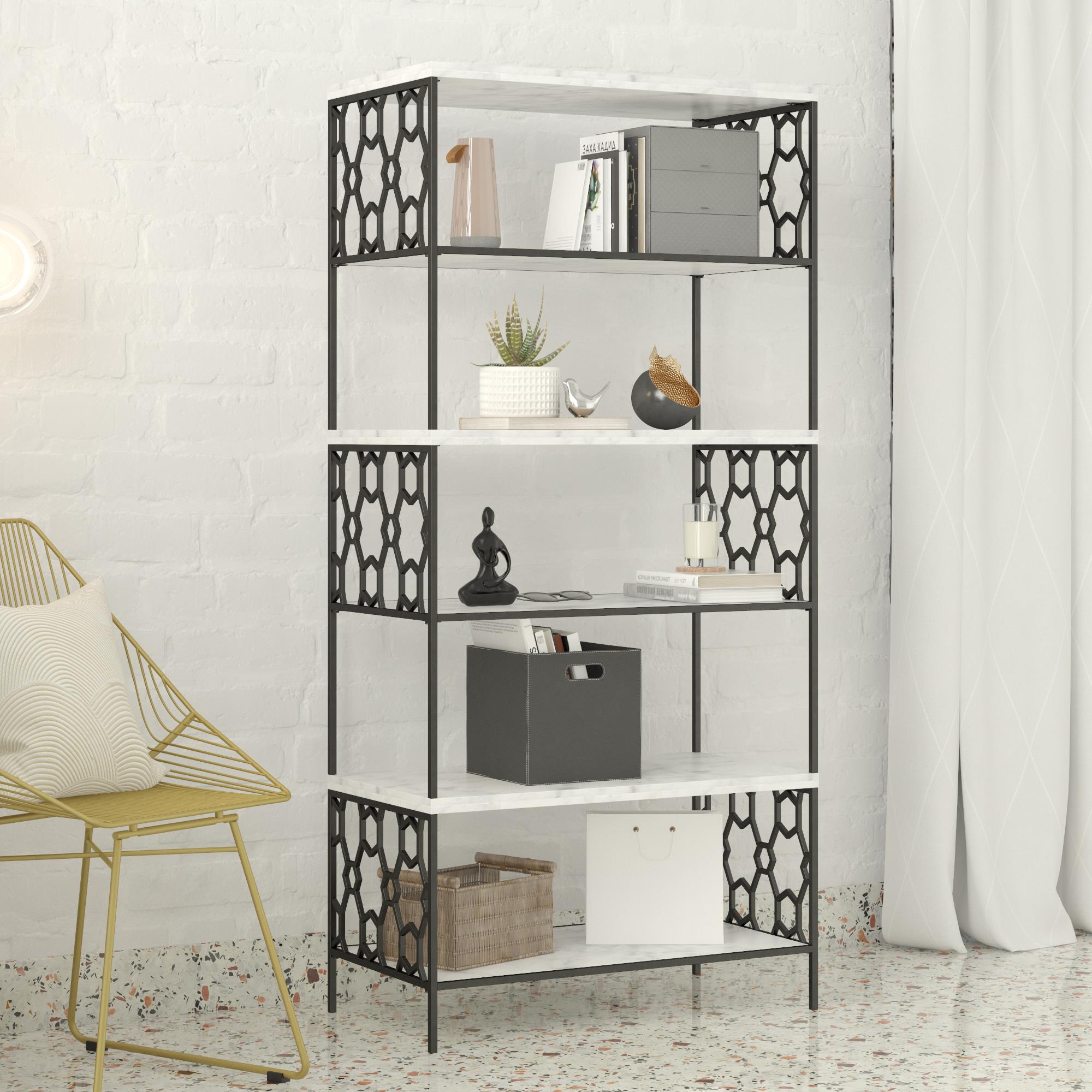 Ella Modern White Marble and Black Metal 5-Shelf Bookcase