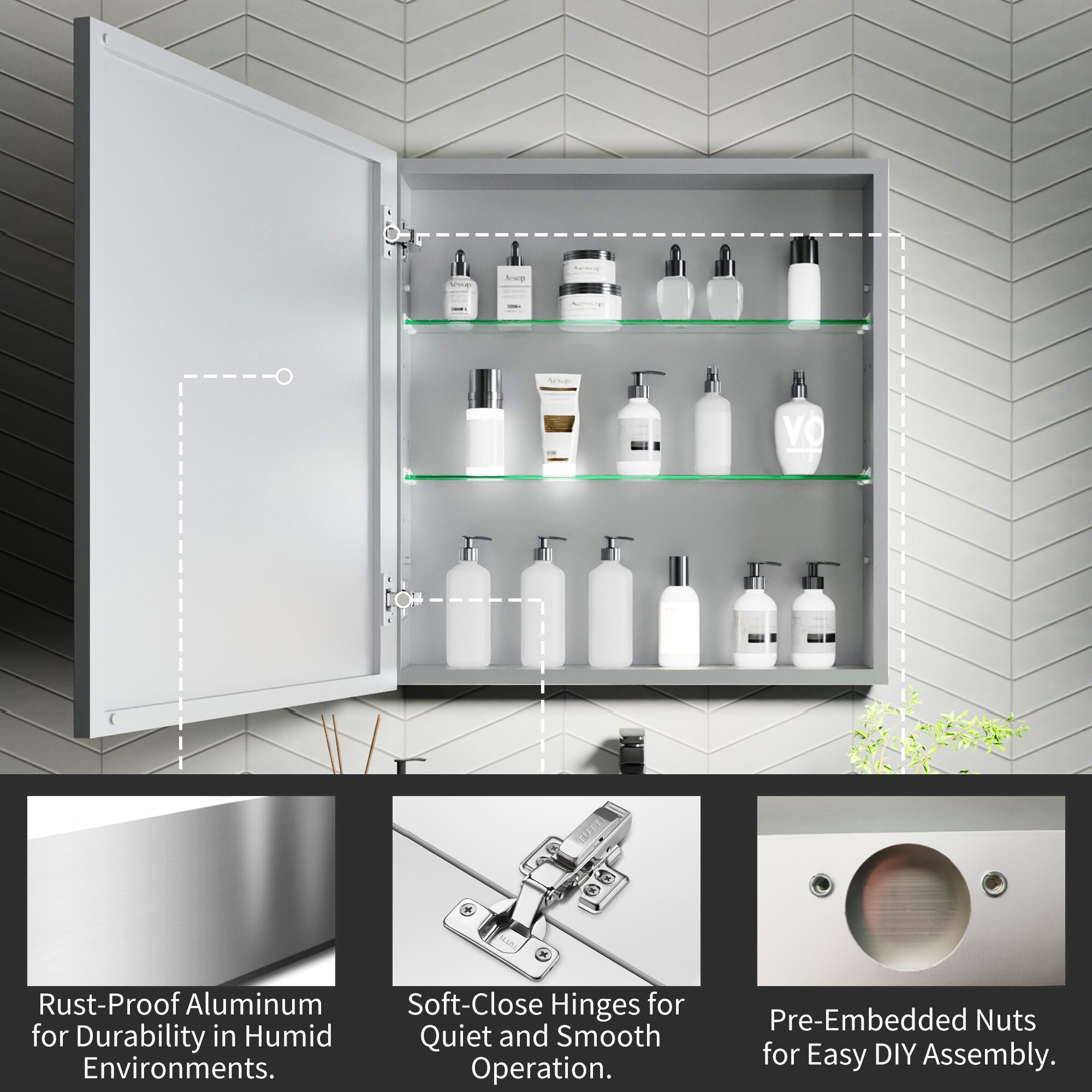 AAZJ ASY 16-in x 24-in Surface/Recessed Mount Black Mirrored Soft Close Medicine Cabinet