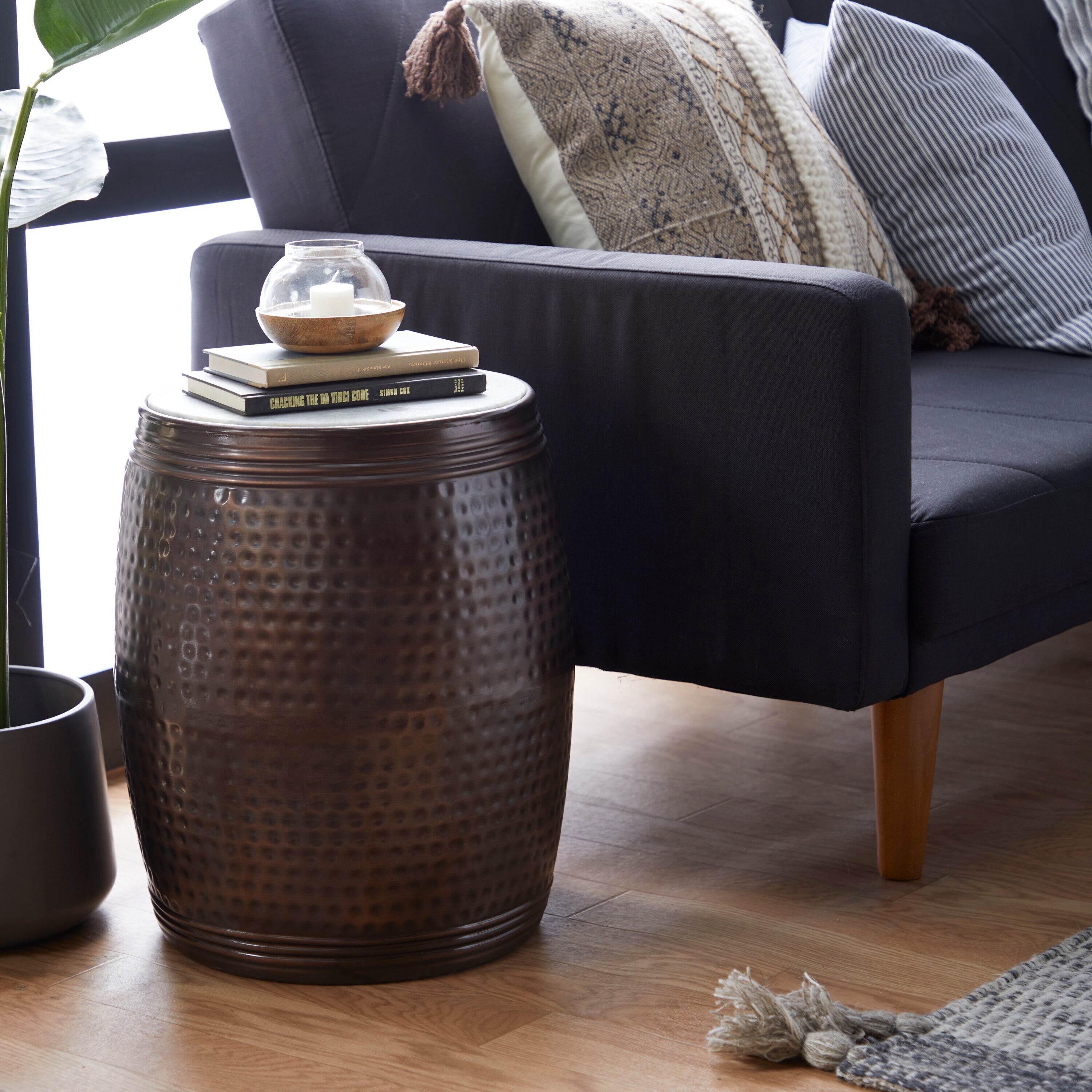 Grayson Lane 54217 16-in W x 19-in H Brown Drum Shaped with Hammered Design Granite/Marble Round Country End Table