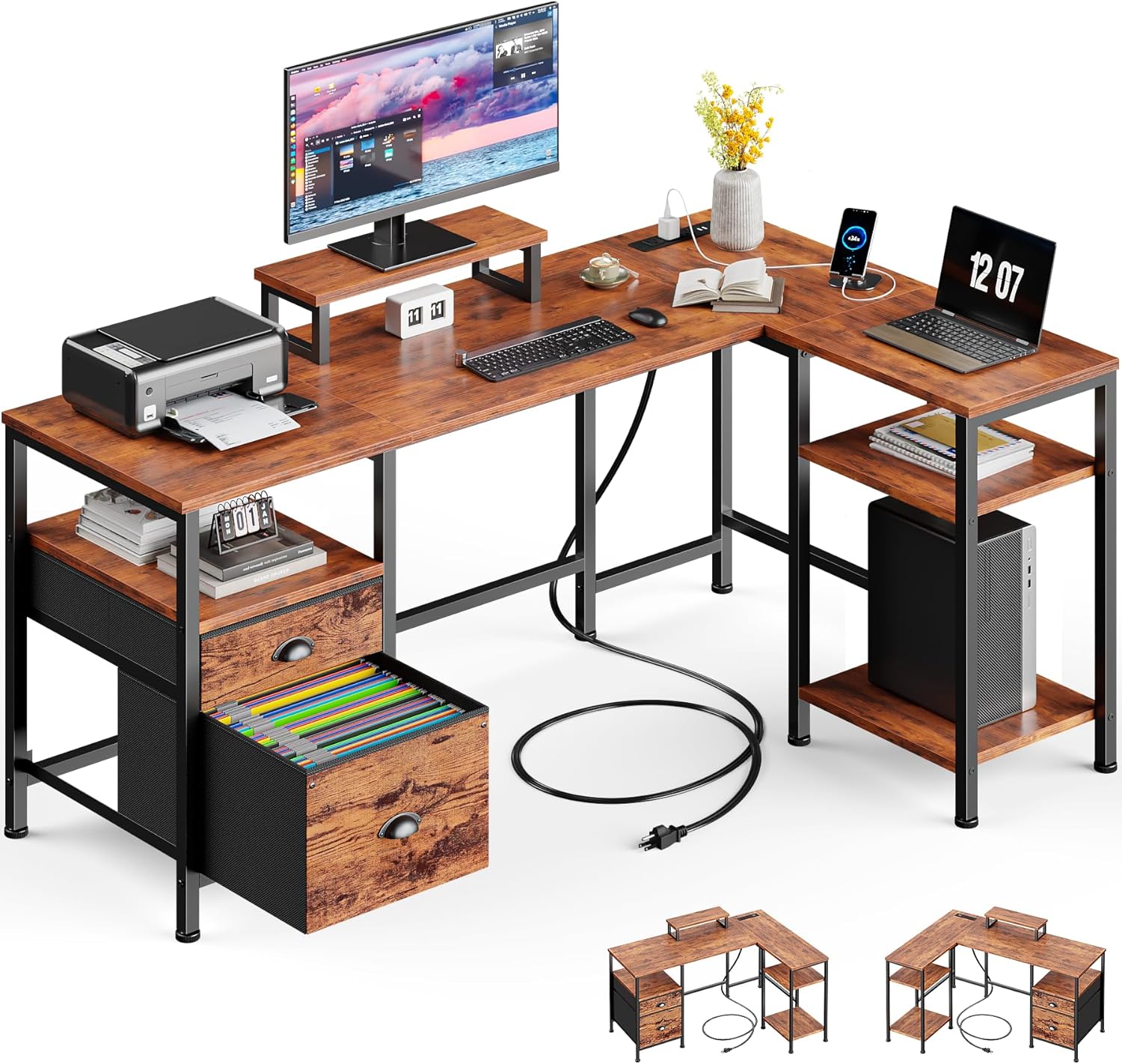 50 Inch L Shaped Desk with Power Outlet Reversible Computer Desk with File Drawer and 2 Monitor Stands Corner Home Office Table with Storage Shelves for Gaming Writing