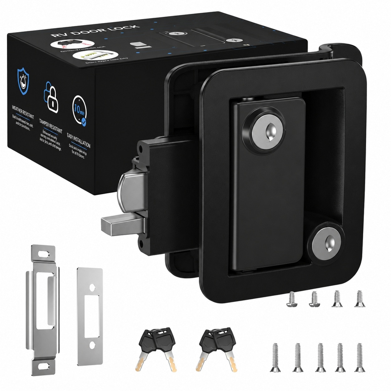 Etokfoks  RV Door Lock Replacement with Paddle Latch Black Camper Trailer Door Lock Anti Theft Security 1 Piece