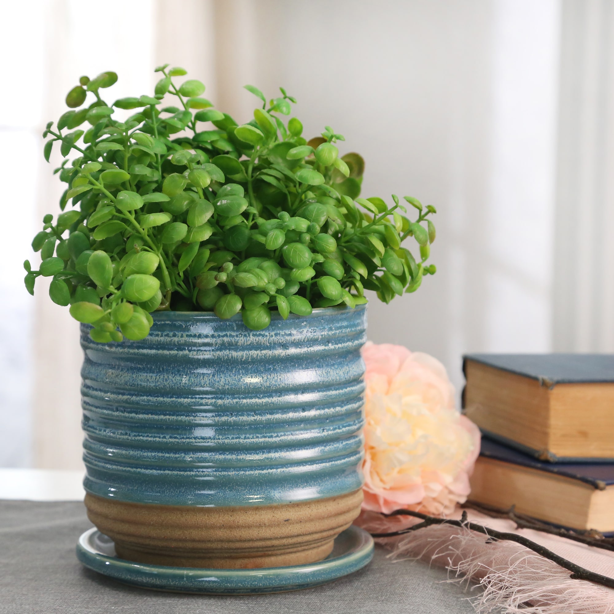 Sagebrook Home 14773-05 Round 6.0-Inches W Small Blue Ceramic Indoor/Outdoor Planter with Drainage Holes Attached Saucer