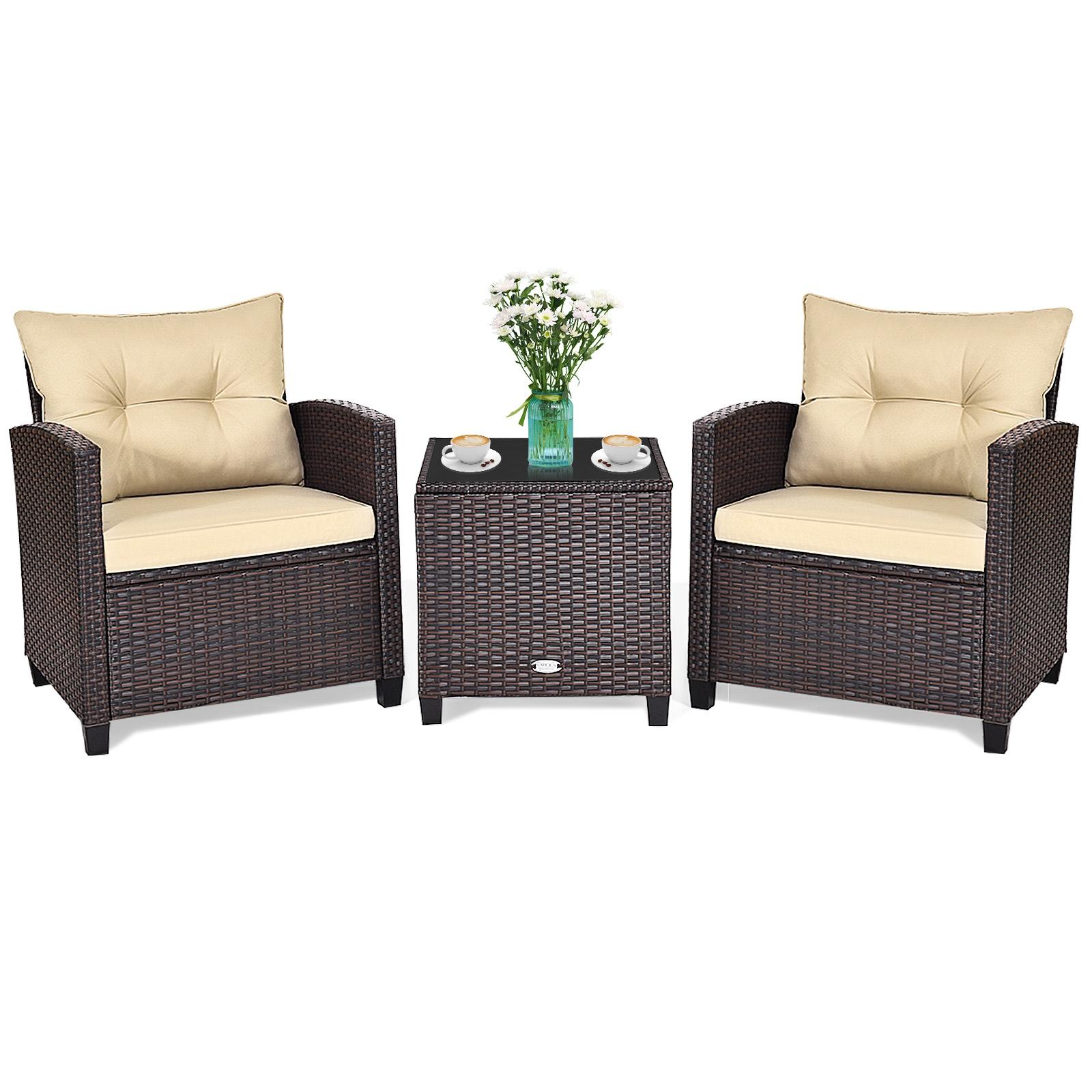 BABOOM 3-Piece Rattan Patio Conversation Set With Off-white Cushions In ...