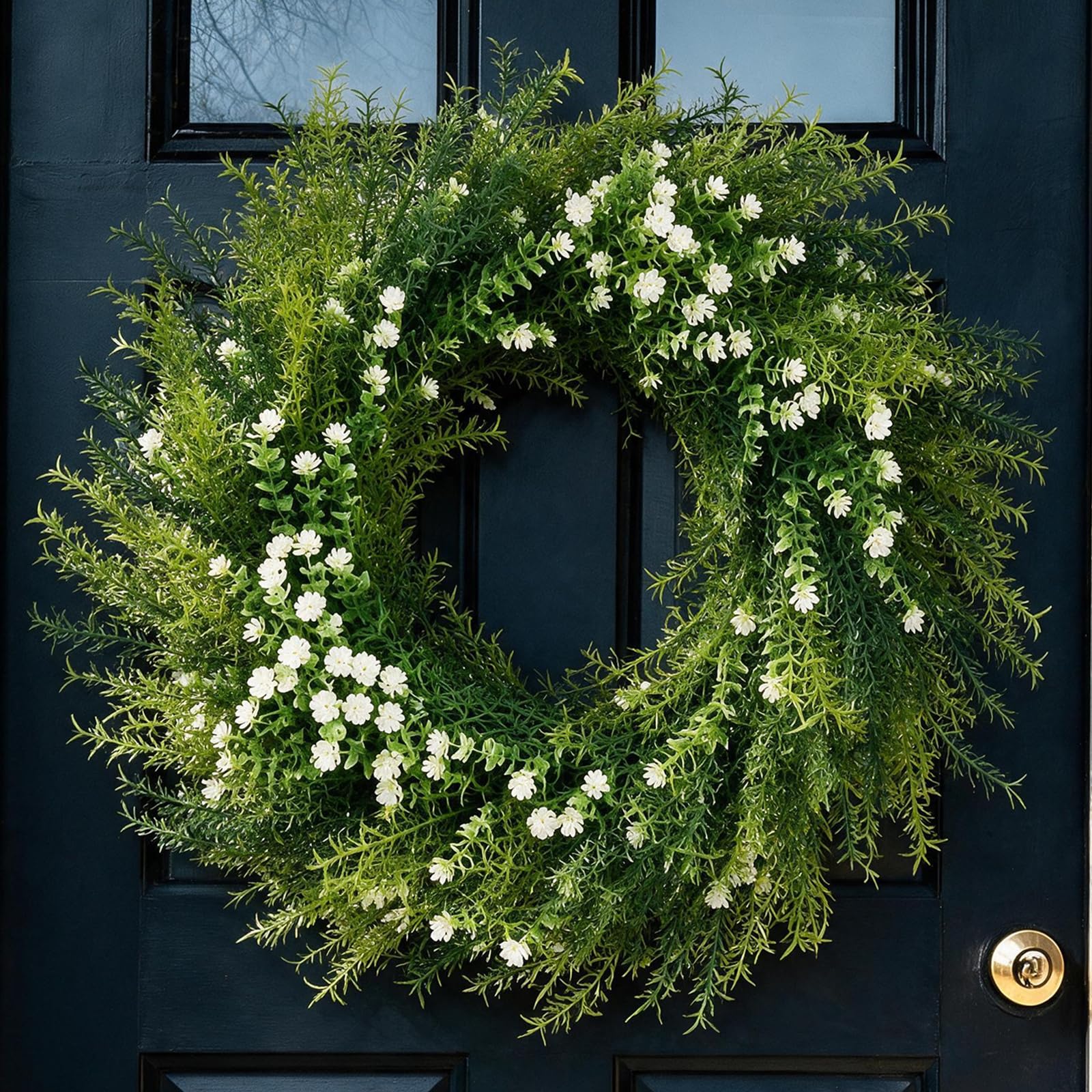 Vrbgify  26 Inch Large Green Wreath with Rosemary Babys Breath and Boxwood for Front Door Wall Window All Season Indoor Outdoor Decor