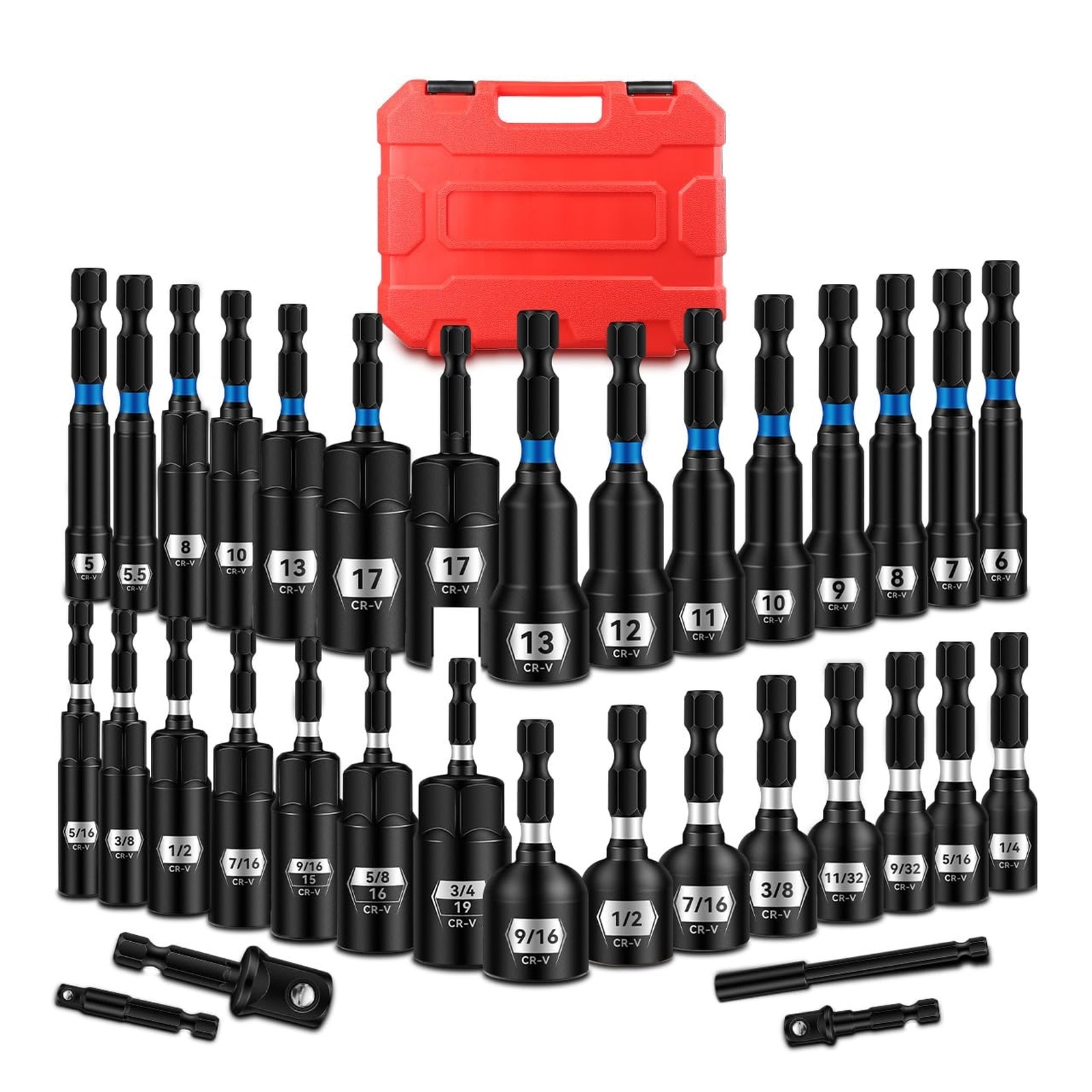 Ahfiwaso  Impact Magnetic Nut Driver Set 34 Piece Metric and SAE Driver Bit Set Deep Nut Driver Set with Quick Change CrV Steel Hex Nut Drivers