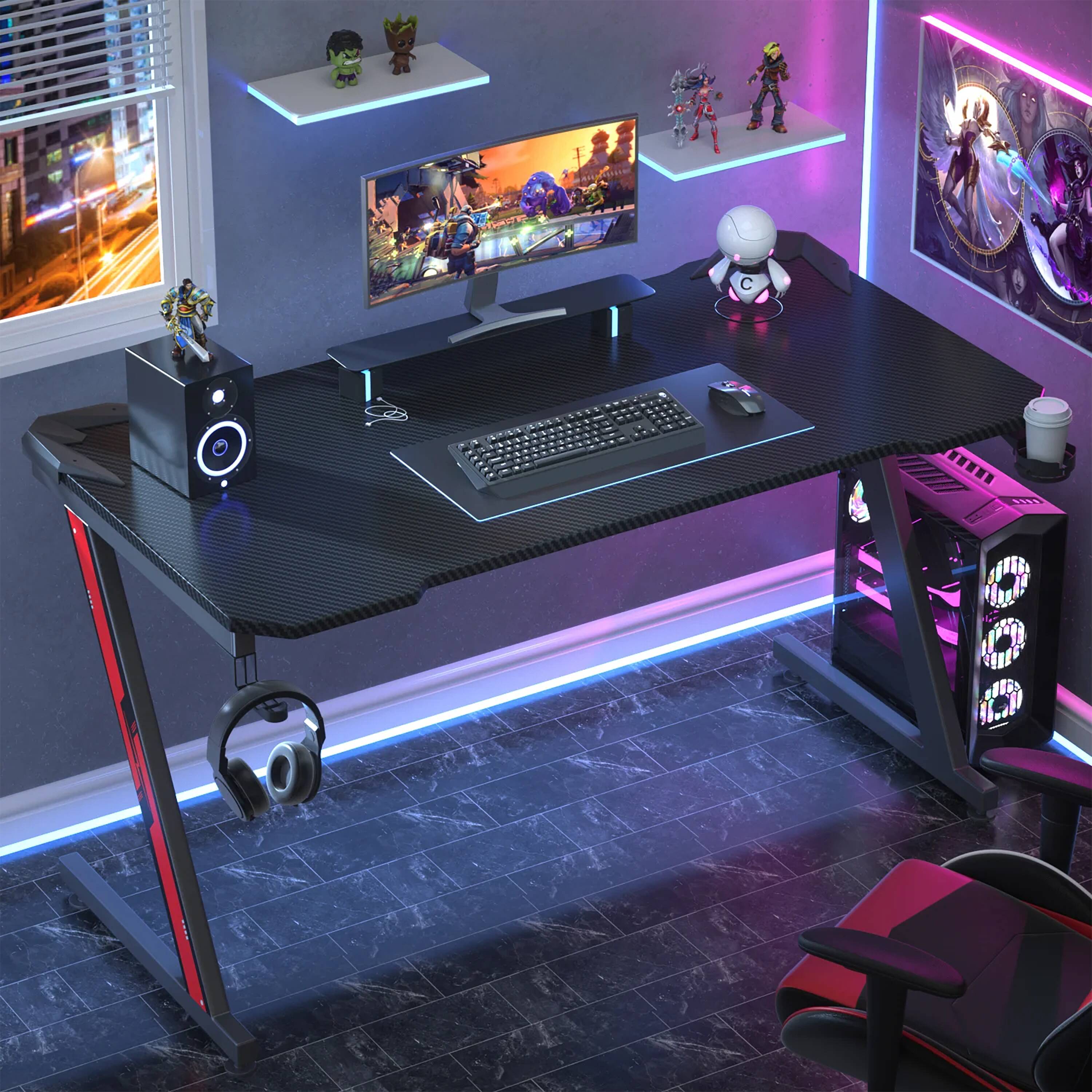 Black Gaming Desk with LED Lights, 55 Computer Desk with Hutch