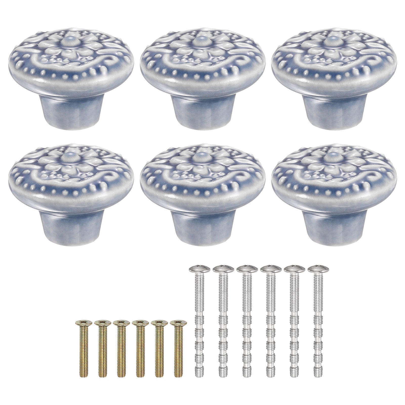 Unique Bargains 6pcs Ceramic Knobs 34mm/1.34 Inch  Flower Pattern Mushroom Knob Drawer Pull Handle Vintage Wardrobe Knobs with Screws for Vanity Bedroom Furniture Closet Gray