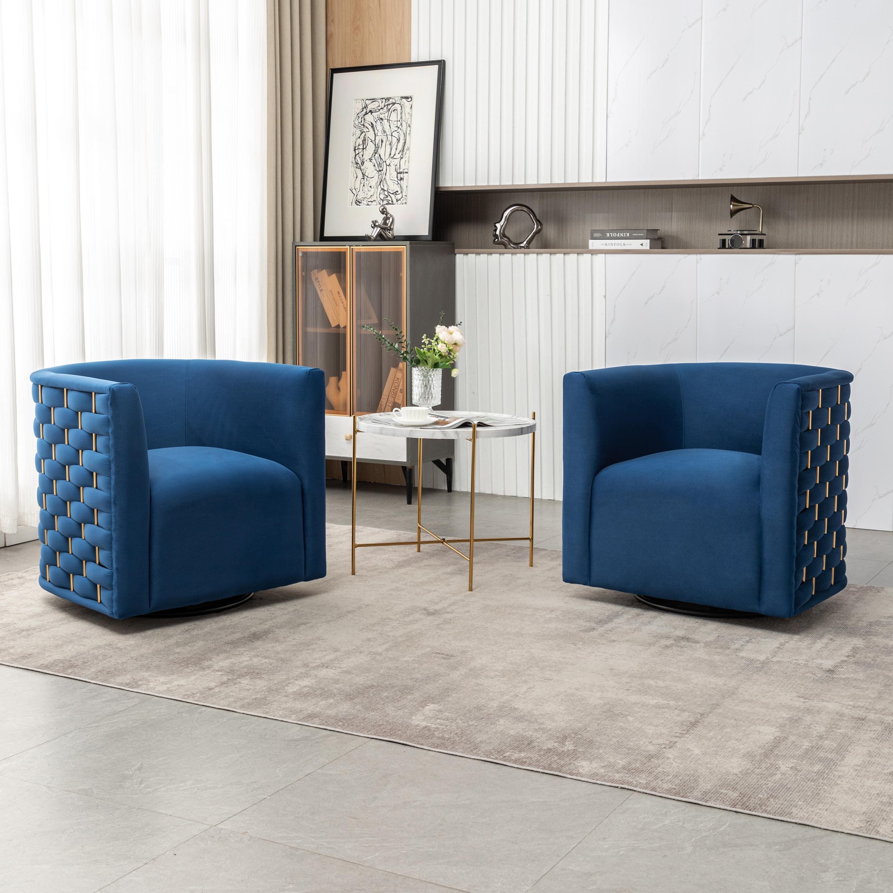 SEYNAR XY721-NAVY-S2 Modern Glam Velvet Upholstered 360 Degree Swivel Barrel Chair Set of 2