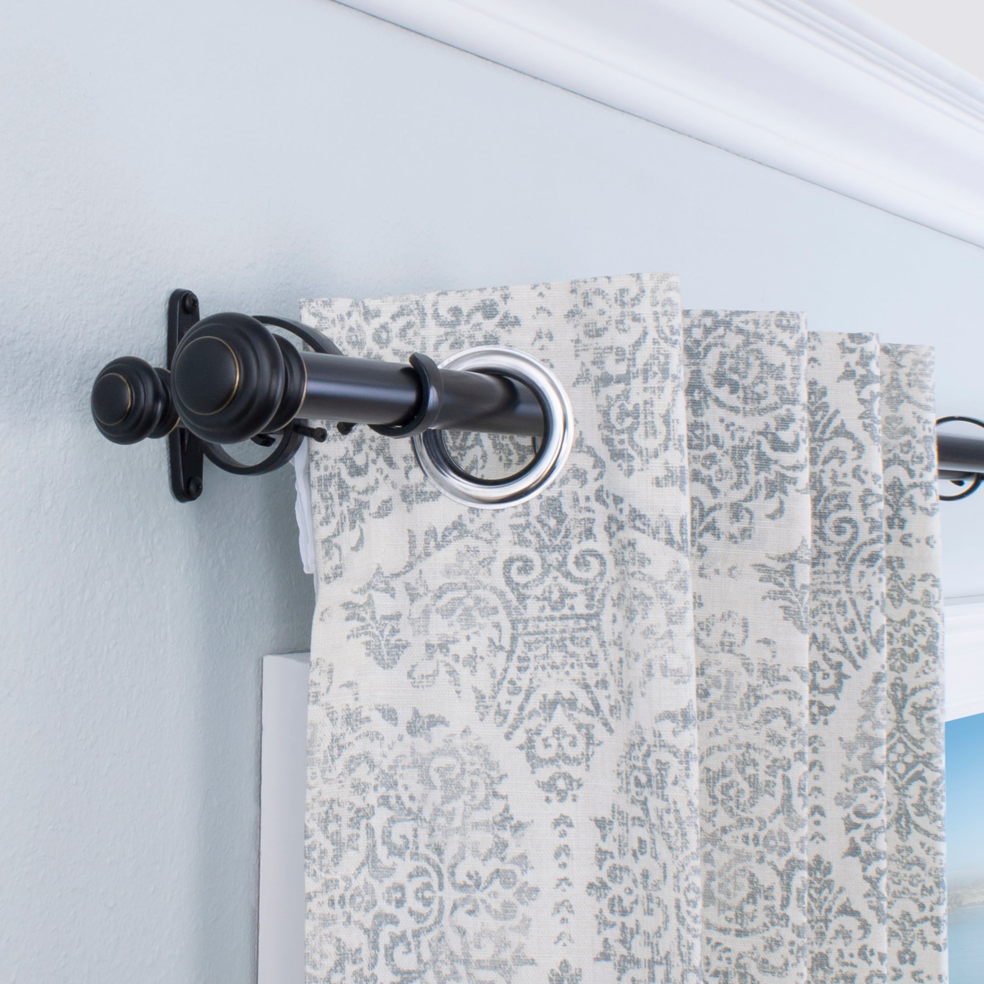 Antique Bronze Adjustable Double Curtain Rod Set with Finials
