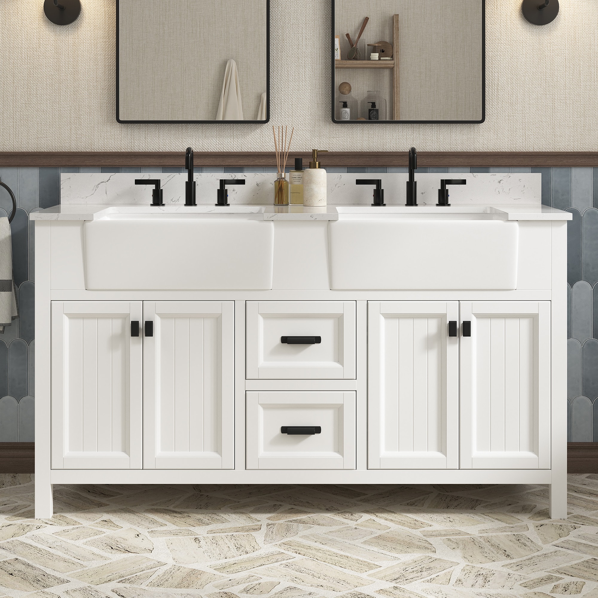 DELUXE LIVING V0056 Richfield 60-in White Undermount Double Sink Bathroom Vanity with White Engineered Stone Top