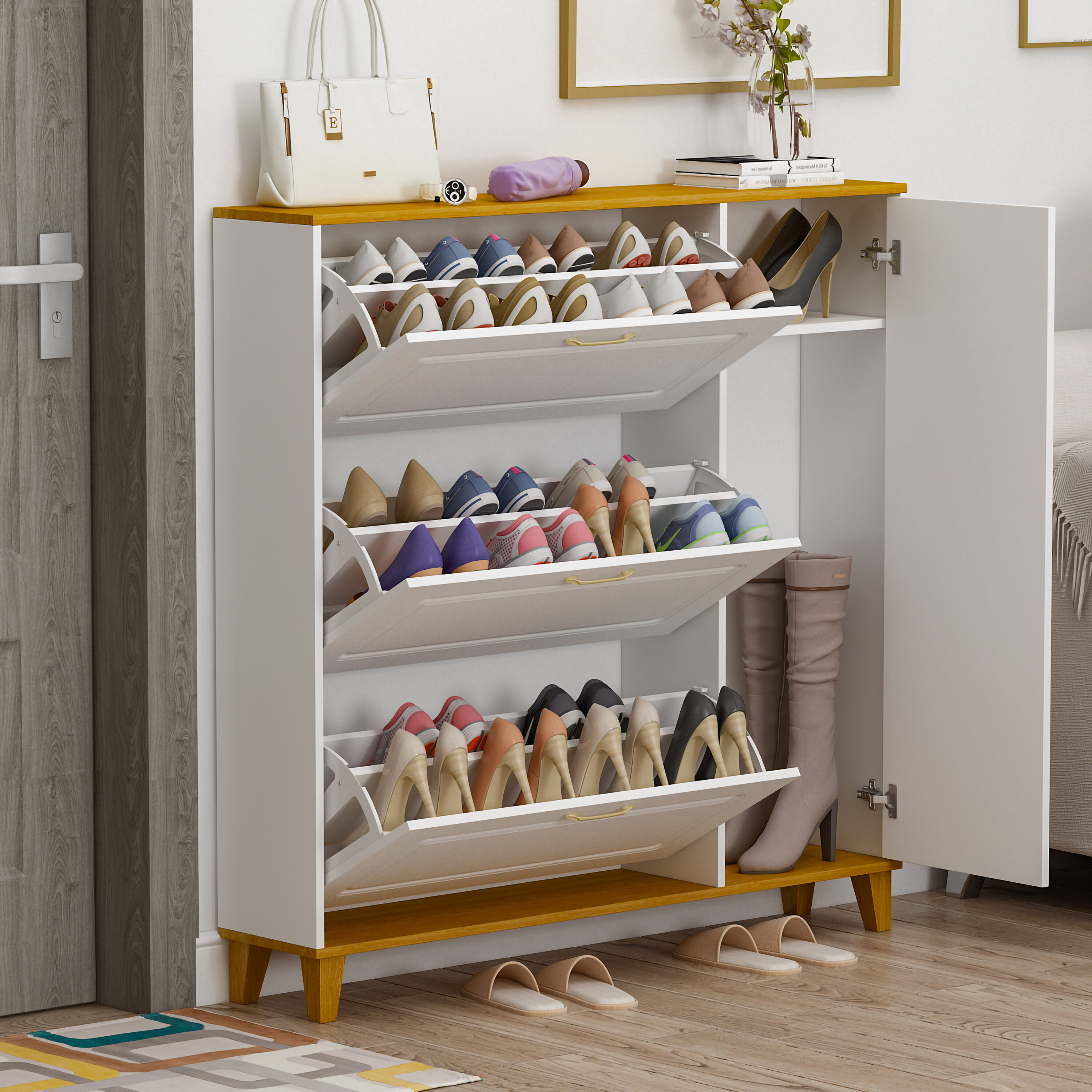 FUFU&GAGA 45.5-in H 3 Tier 14 Pair White Composite Shoe Cabinet in