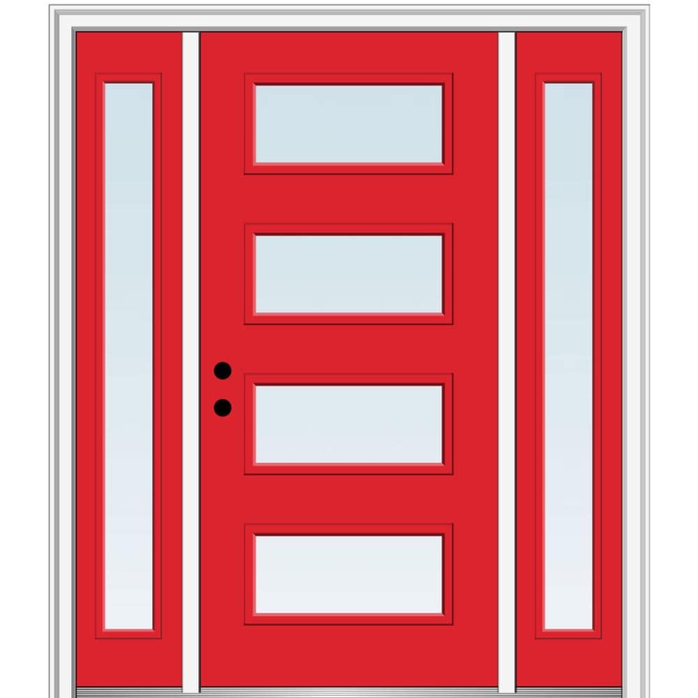 MMI DOOR ZZ345606R Spotlights 60-in x 80-in x 4-9/16-in Fiberglass Pulse lite Right-hand inswing Red Saffron Painted Prehung Front Door with Sidelights with Brickmould Insulating core