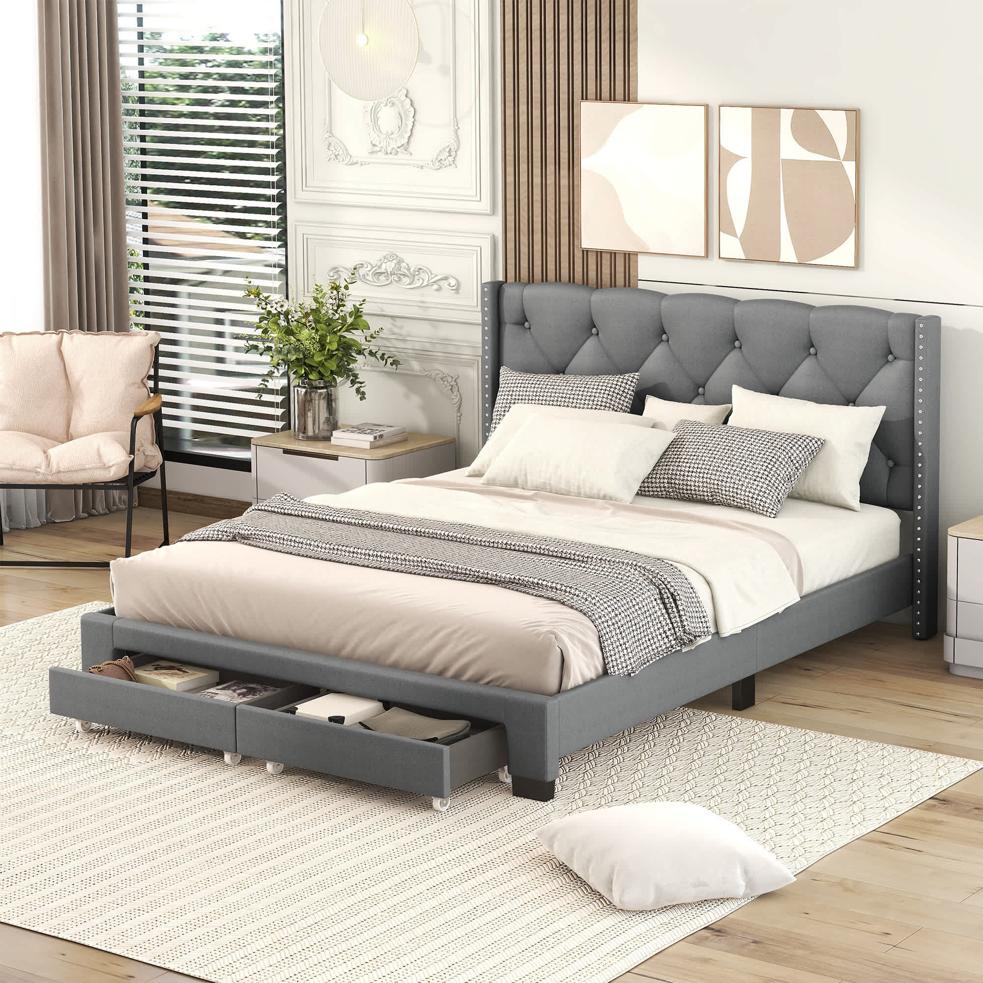 WhizMax LWAM-PHO-12UWY8TZ Queen Size Bed Frame with Upholstered Headboard  Beige Non-Slip Platform Bed Frame with Two Storage Drawers Adjustable Wingback No Box Spring Needed Headboard for Bedroom