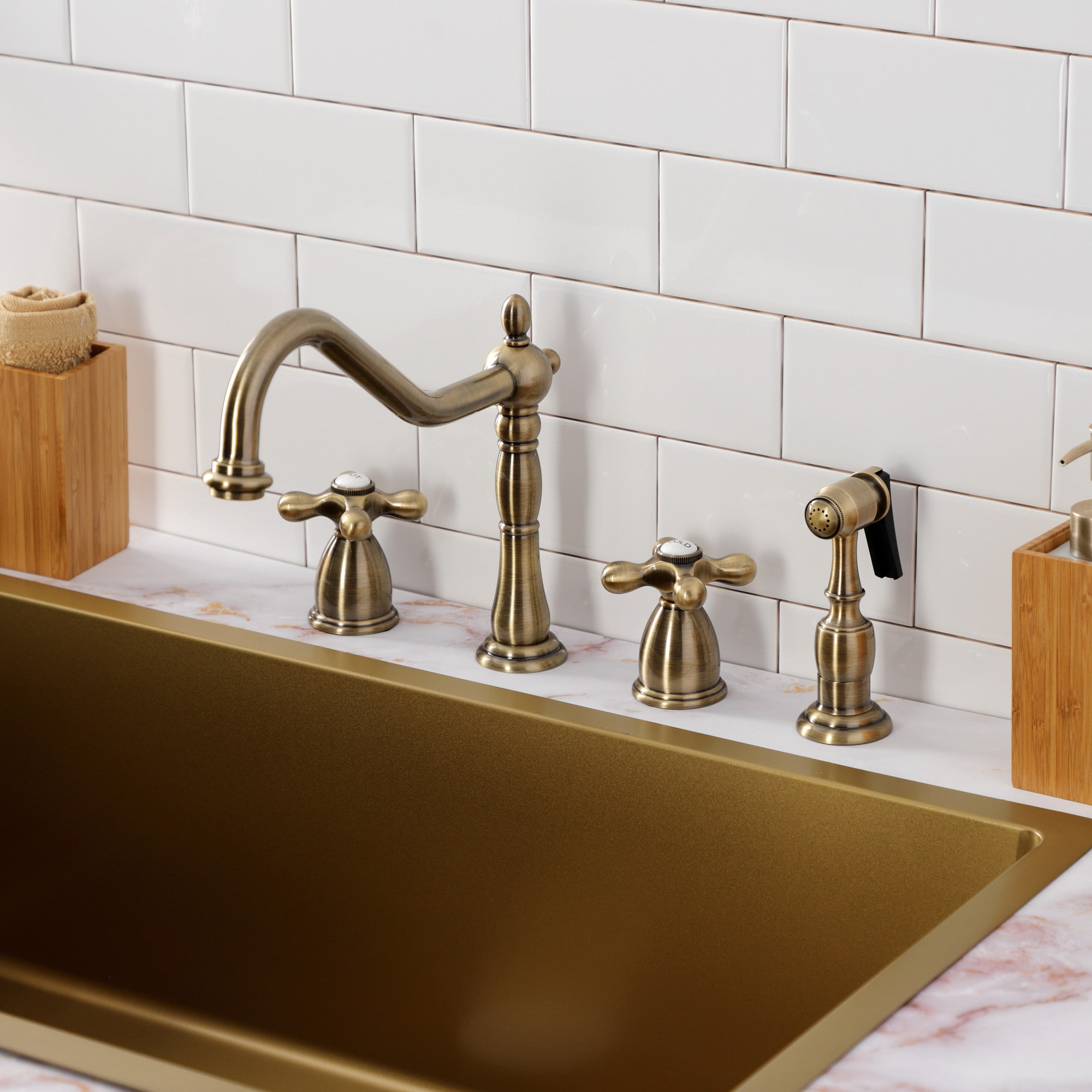 Elements of Design EB1793AXBS New Orleans Vintage brass Double Handle Deck-mount Bridge Kitchen Faucet ( Side Sprayer Included )