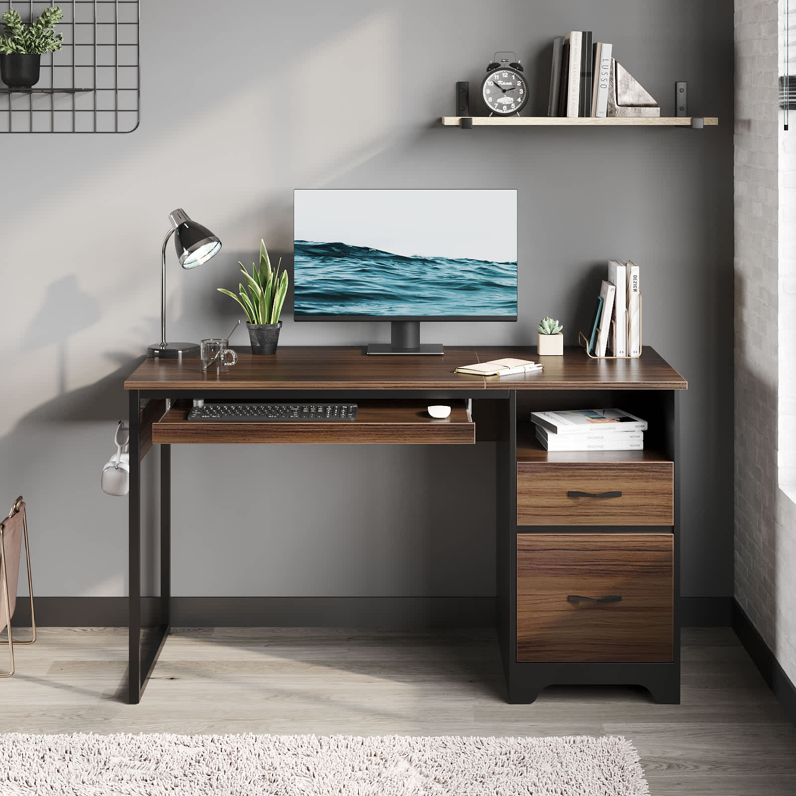 Bestier LOW-H104612N-CRY 48.03-in W 2-Drawer Cherry Computer Desk with Keyboard Tray and Hooks