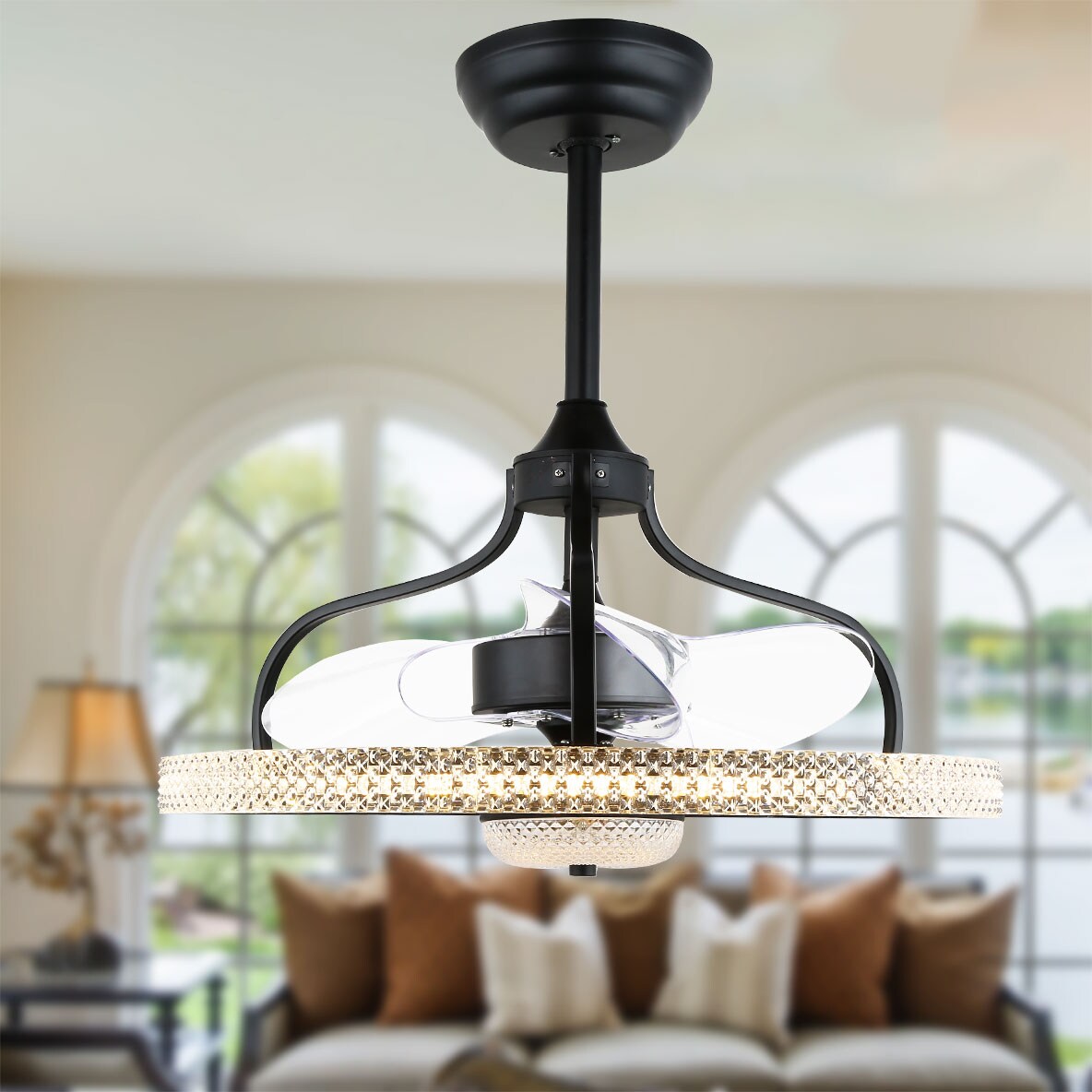 Bella Depot BD2029-B Retractable fan 24-Inches Black with Transparent Blades Color-Changing Integrated LED Fixture Indoor Downrod mount Drum Ceiling Fan With Light and Remote ( 3 -Blade)
