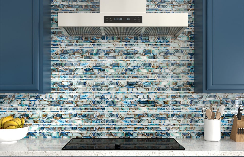 Stone Mixed Glass Kitchen Backsplash Linear Mosaic Tile Polished Gray &  Teal Blue Bath Shower Wall Decor Narutal Marble Interlocking Pattern Art