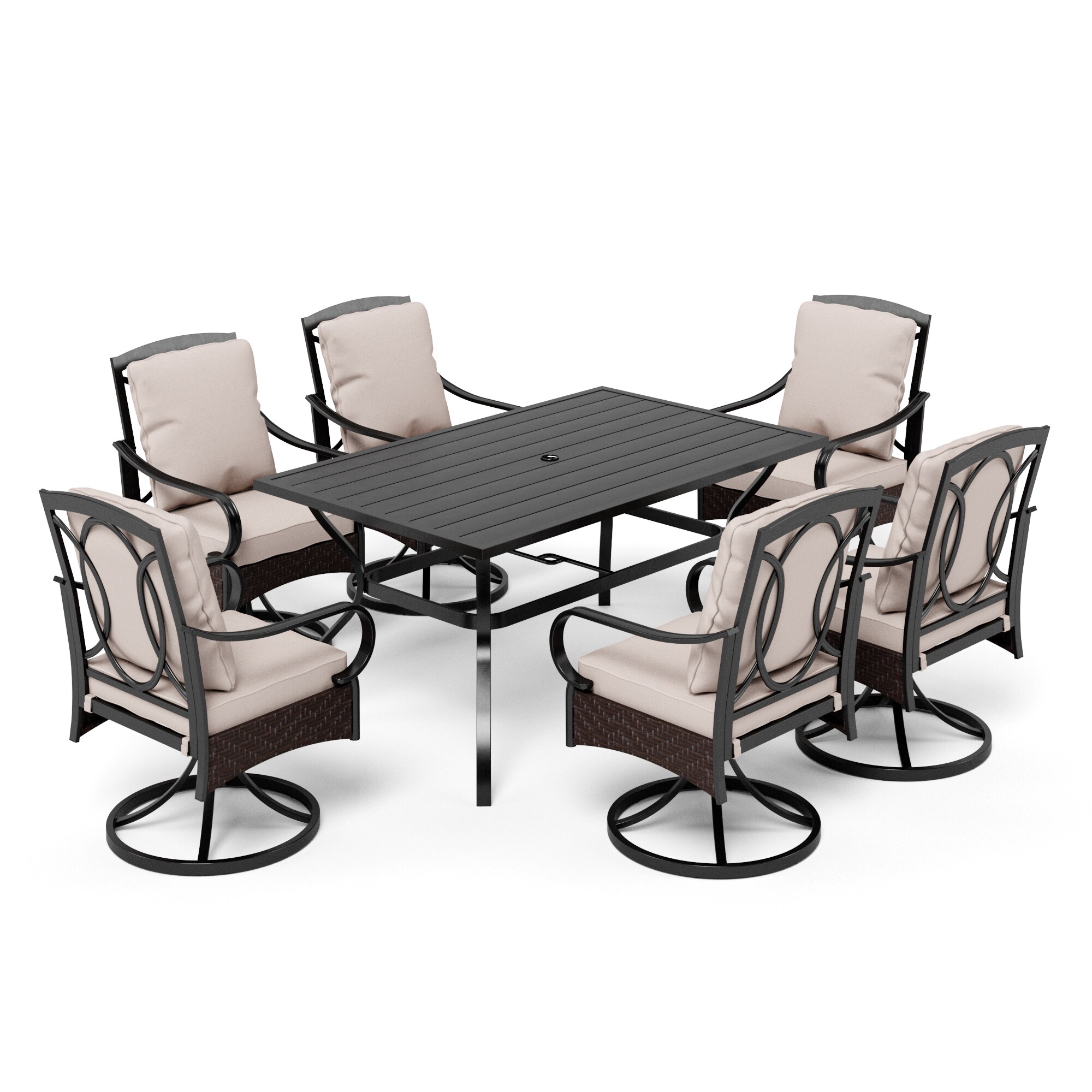Sunshine Valley TC7-416-060-4 7 -Piece Black Rattan Patio Dining Set Steel Rectangle Table with 6 Tan Cushions Swivel Chairs and Umbrella Included