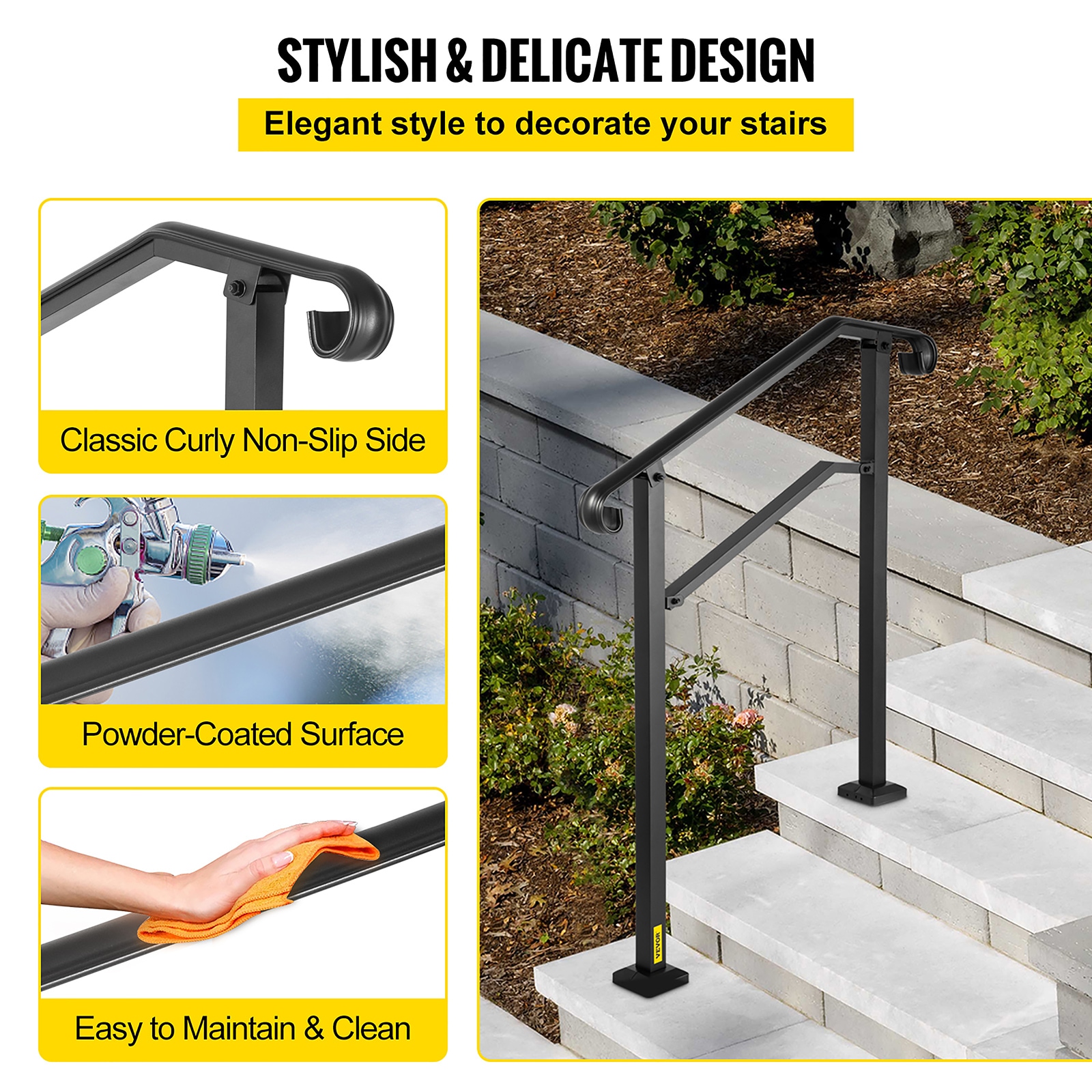 VEVOR 2-3 Steps Handrail 38.6-in x 37.8-in Aluminum Finished Aluminum ...