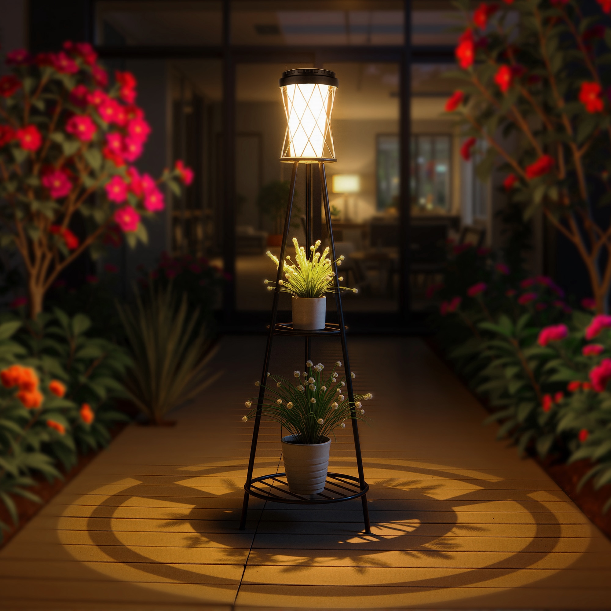 DORESshop - 45.2 in Black Dual Charging Solar Floor Lamp Solar Panel USB Port Auto On Off Light w...