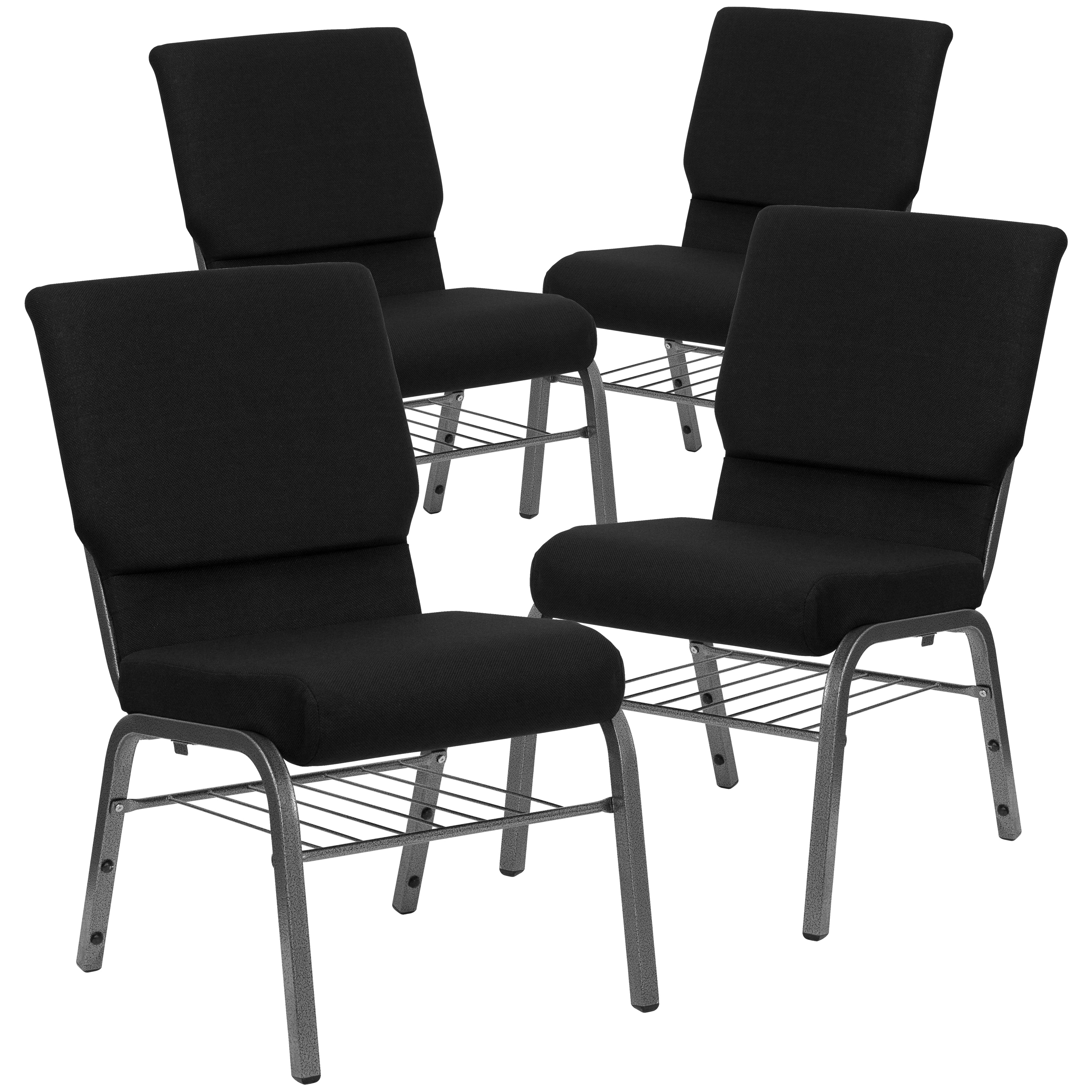 Flash Furniture 847254069960 4 Pack HERCULES Series 18.5-in W Church Chair in Black Fabric with Book Rack - Silver Vein Frame