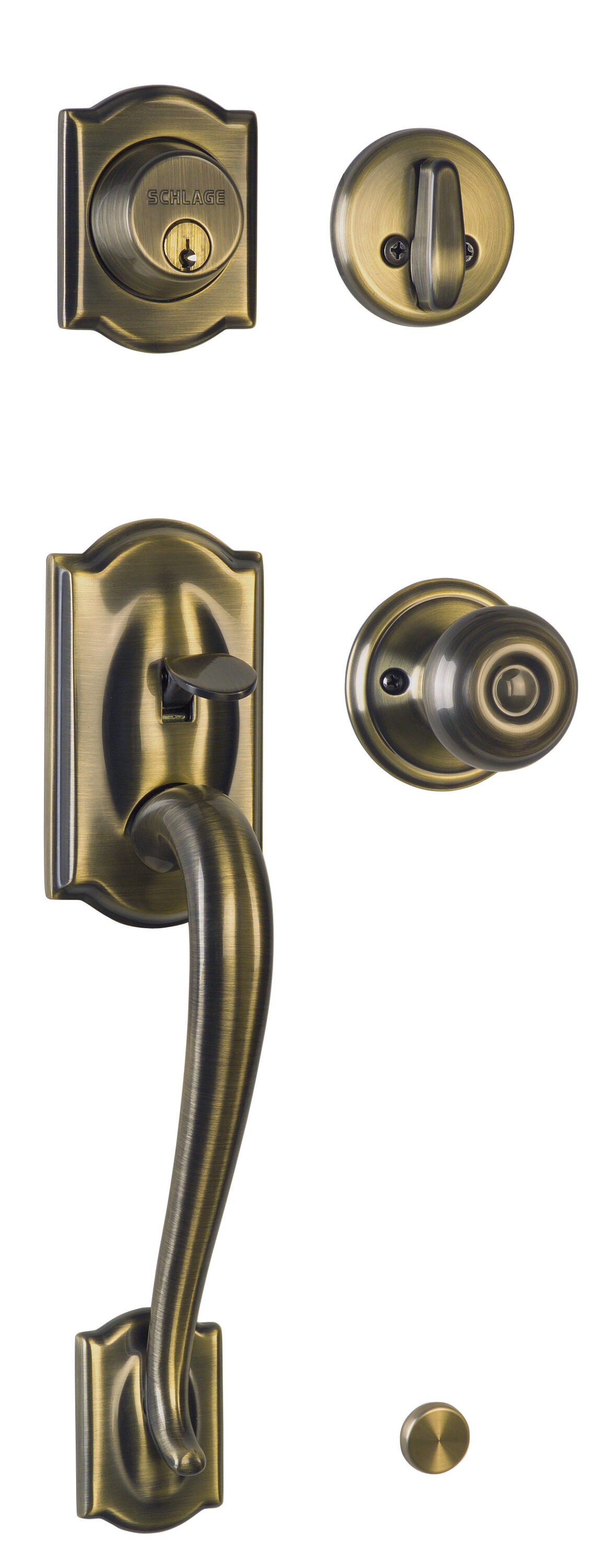 Schlage F60 V CAM 609 GEO Camelot Front Entry Handleset with Georgian Knob,  Deadbolt Keyed 1 Side, Antique Brass