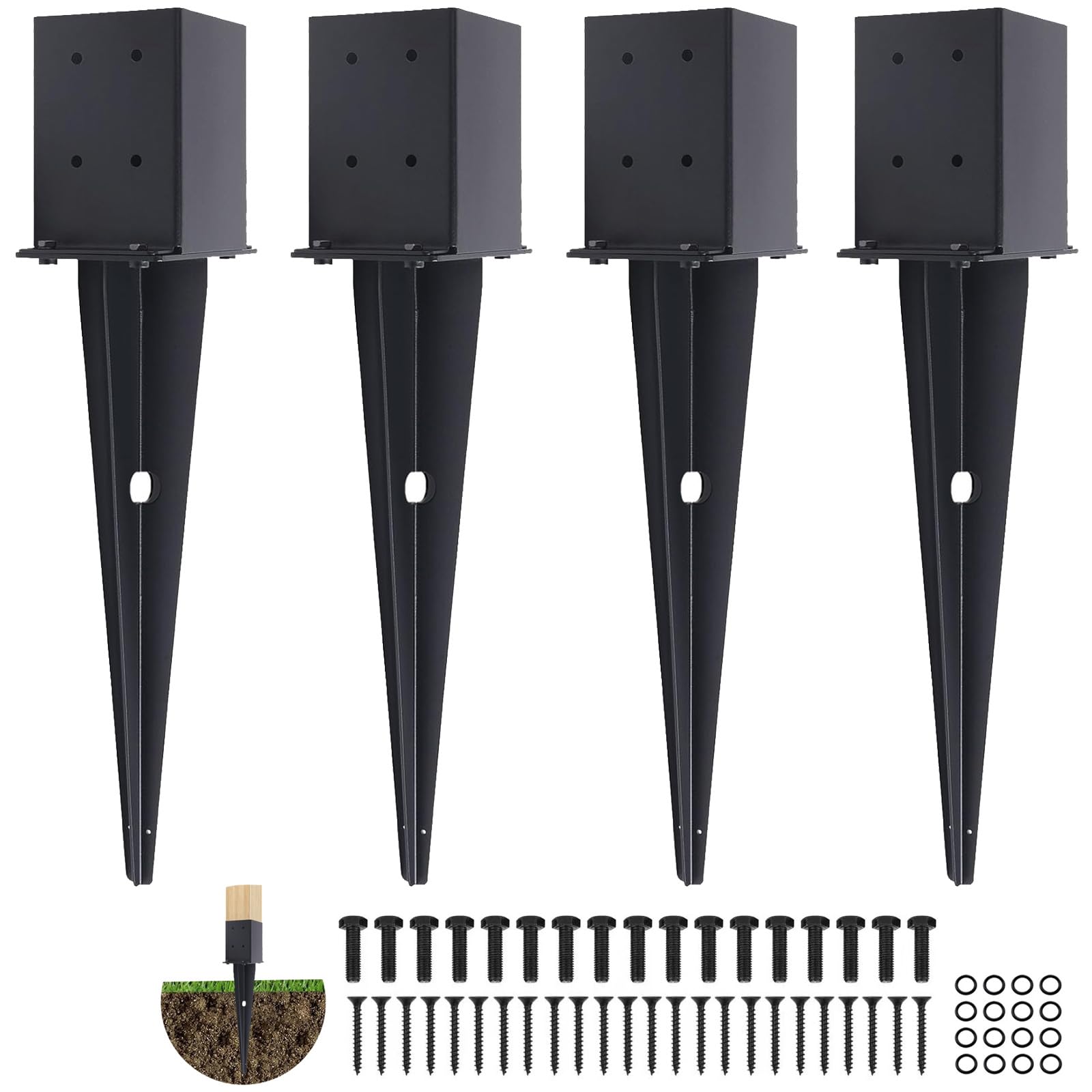 Phyfalip  4 Pcs 4 x4 Fence Post Anchor Inner Size 3 6 x3 6 Heavy Duty Fence Post Anchor Ground Spike 22 with Black Powder Coated Outdoor Support