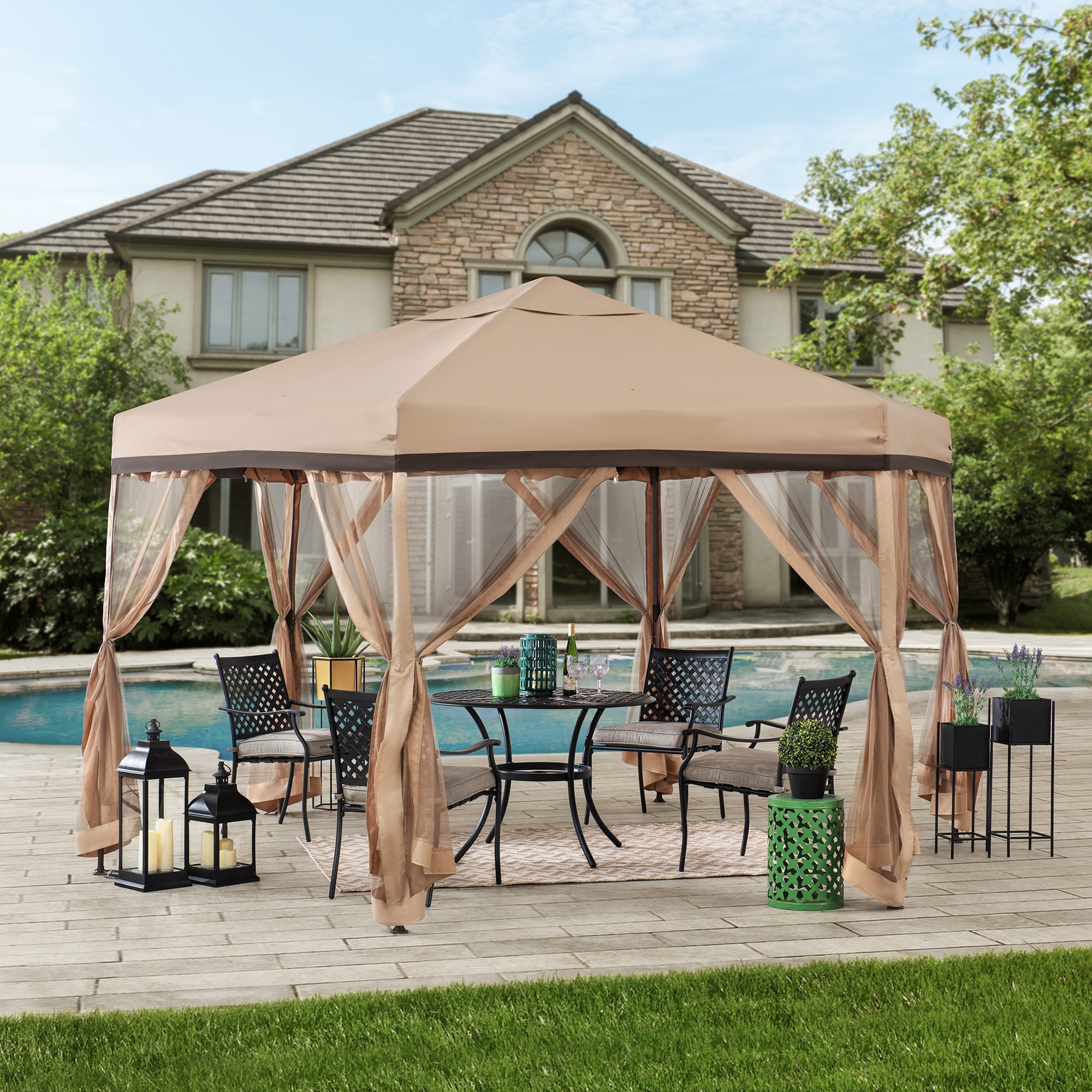 Sunjoy 6.6-ft x 6.6-ft Hexagon Sesame Metal Polyester Roof Pop-up ...