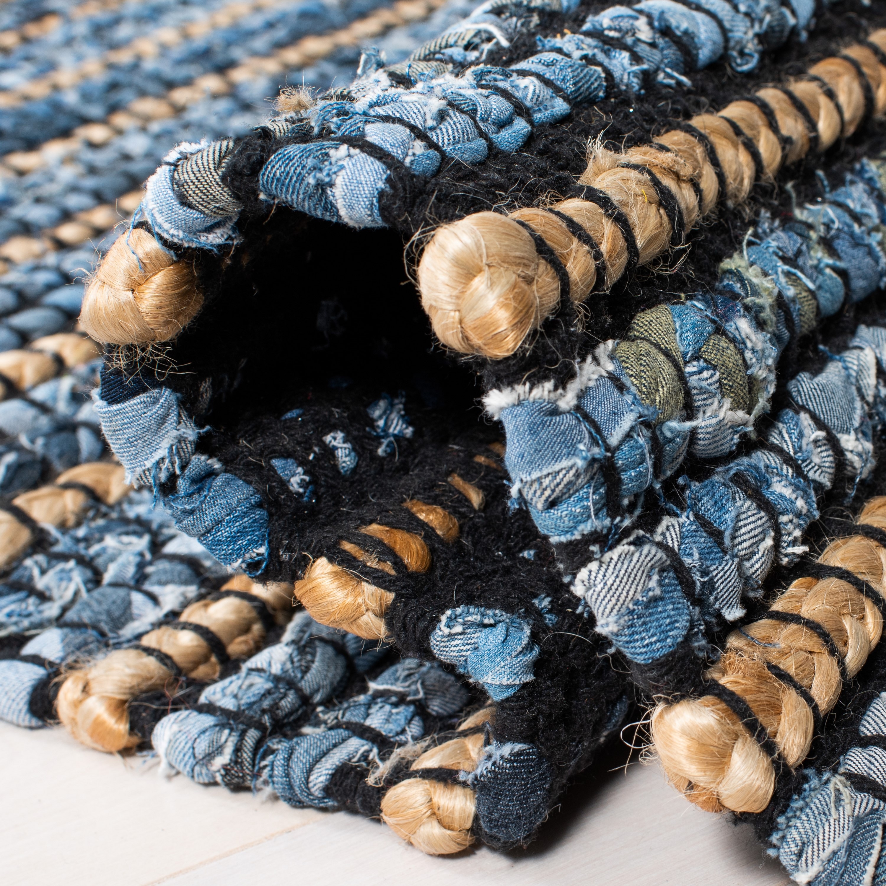 Handmade Blue and Natural Cotton Square Geometric Area Rug