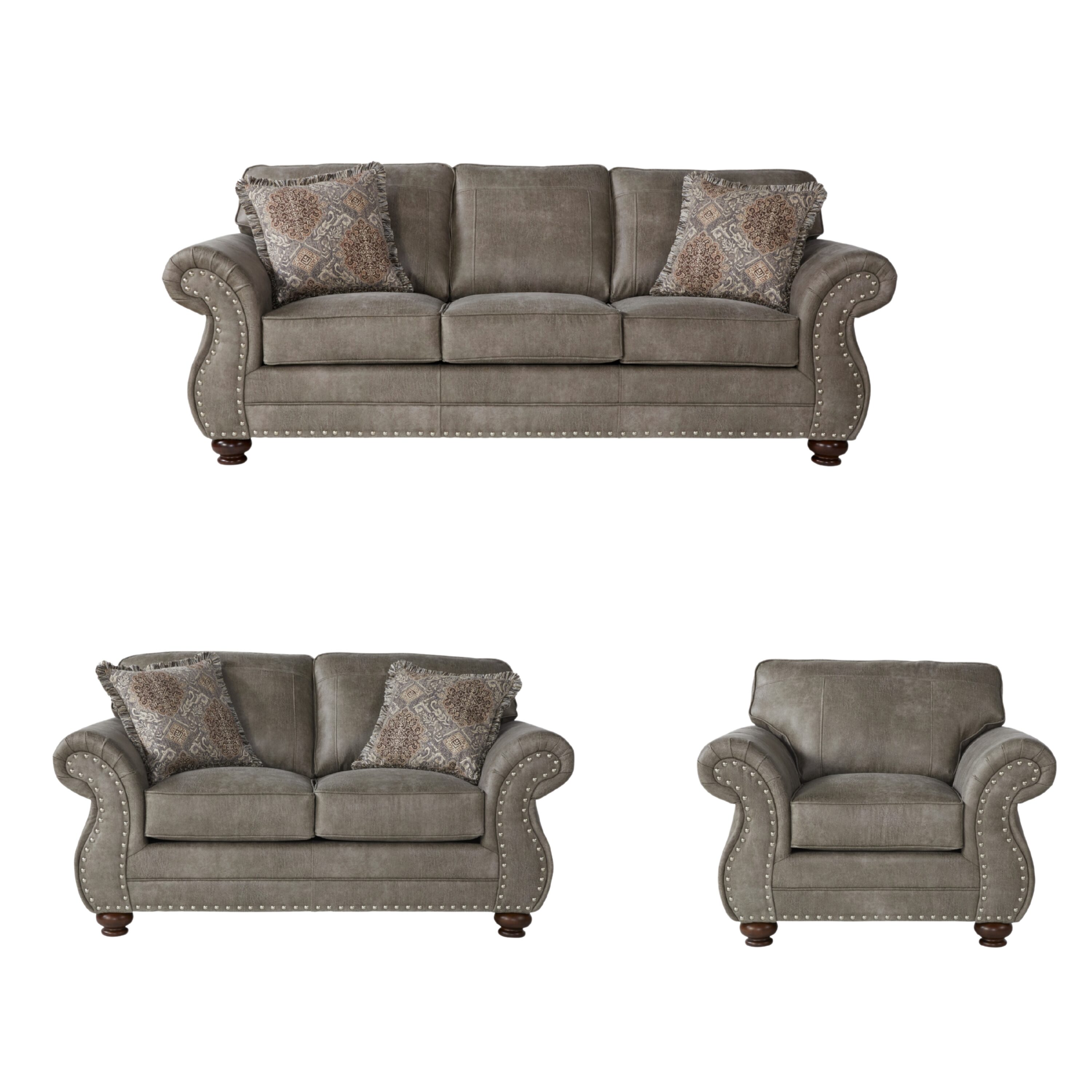 Roundhill Furniture - Leinster Casual 3 -Piece Faux leather Grey Living Room Set