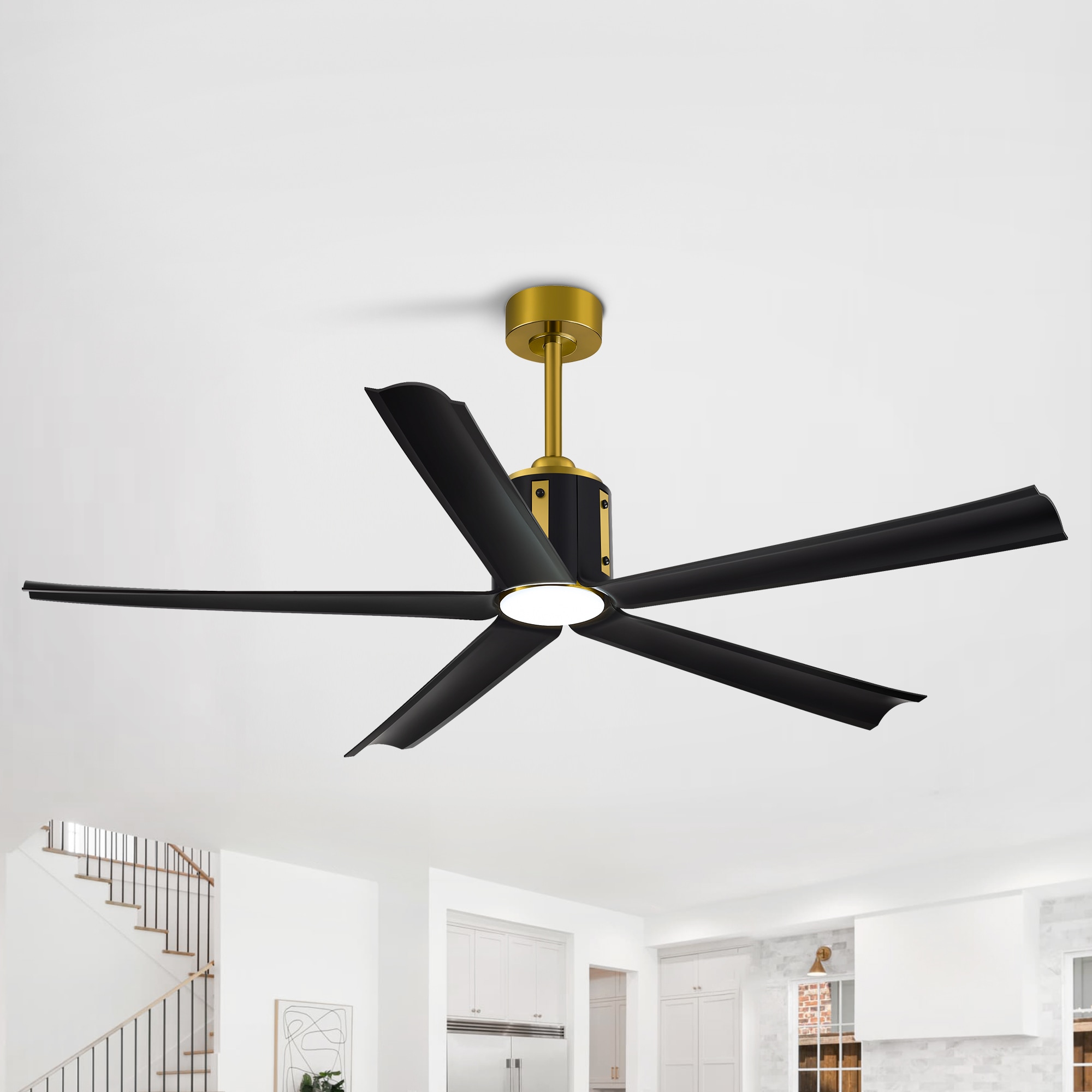 Breezary 23045-GB 60-in Color-Changing Integrated LED Matte Black and Gold with Black Blades Ceiling Fan With Light - Remote Included ( 5 -Blade )