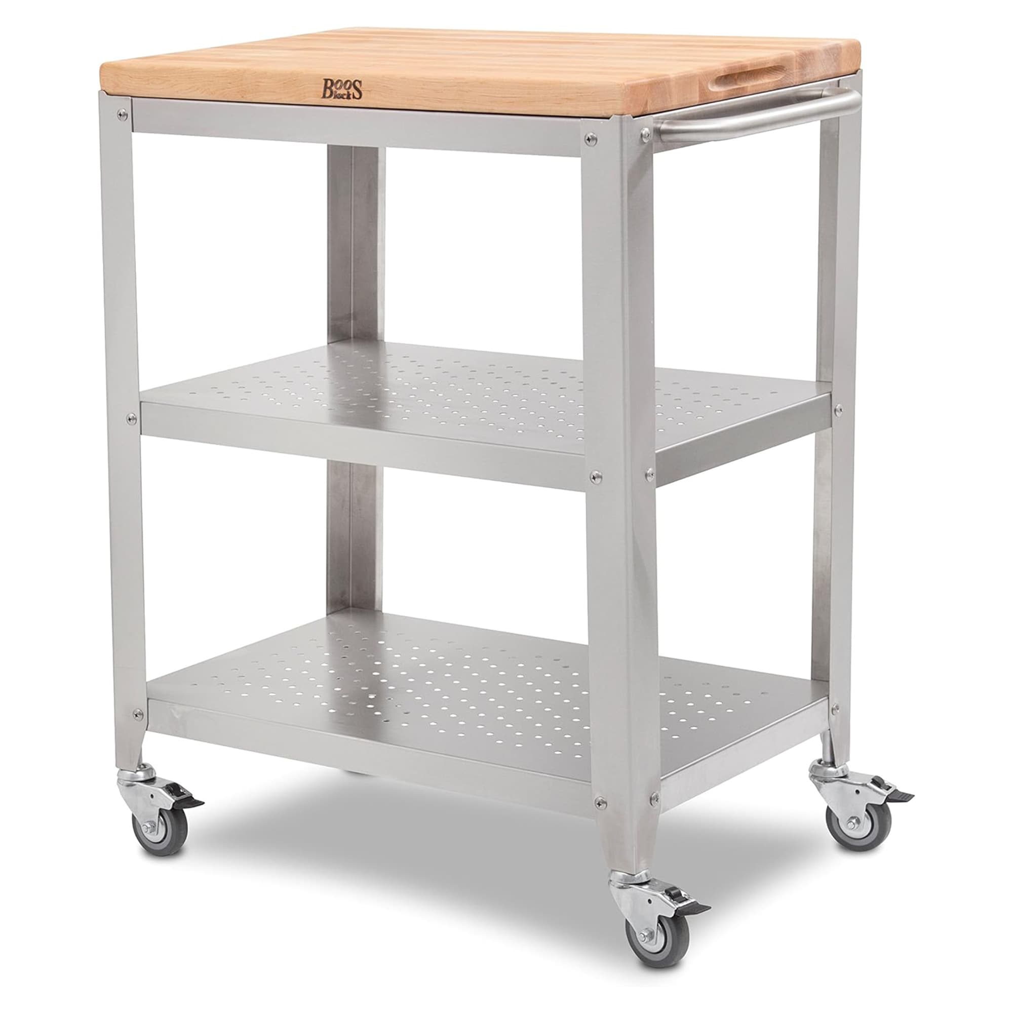 Maple Wood Butcher Block Kitchen Cart with Stainless Steel Frame