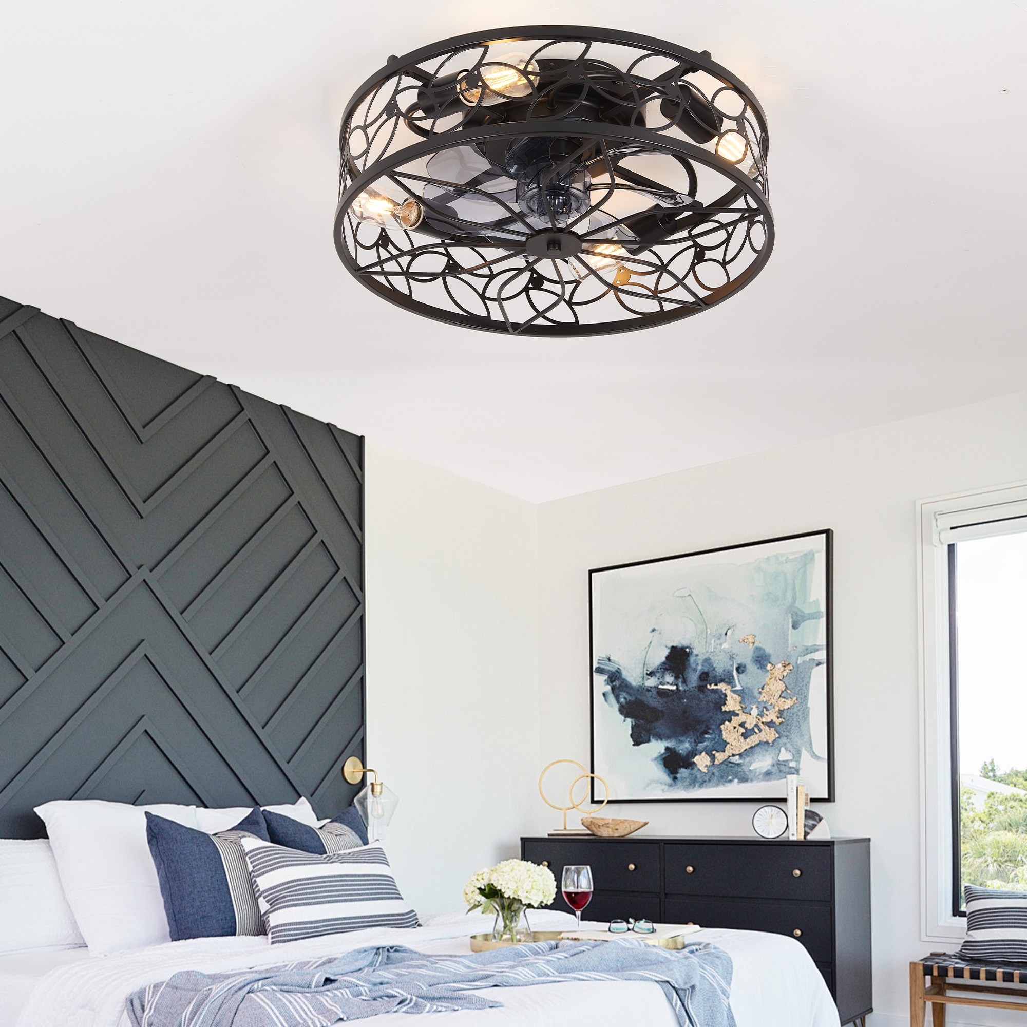 BABOOM BOM-P246414-OR Caged Ceiling Fan with Light 18.1-in Integrated LED Flush Mount Smart Black with Cage Ceiling Fan With Light - Remote Included ( 7 -Blade )