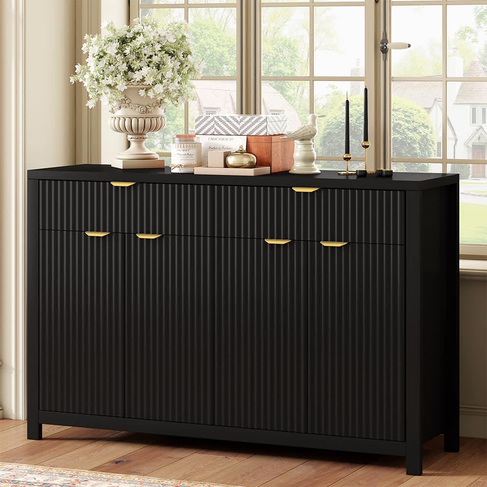JUJABU DINCABINET-17 Black Modern Wave-Pattern Sideboard Cabinet with 2 Drawers and 4 Doors 4-Level Adjustable Shelves Suitable for Entryway
