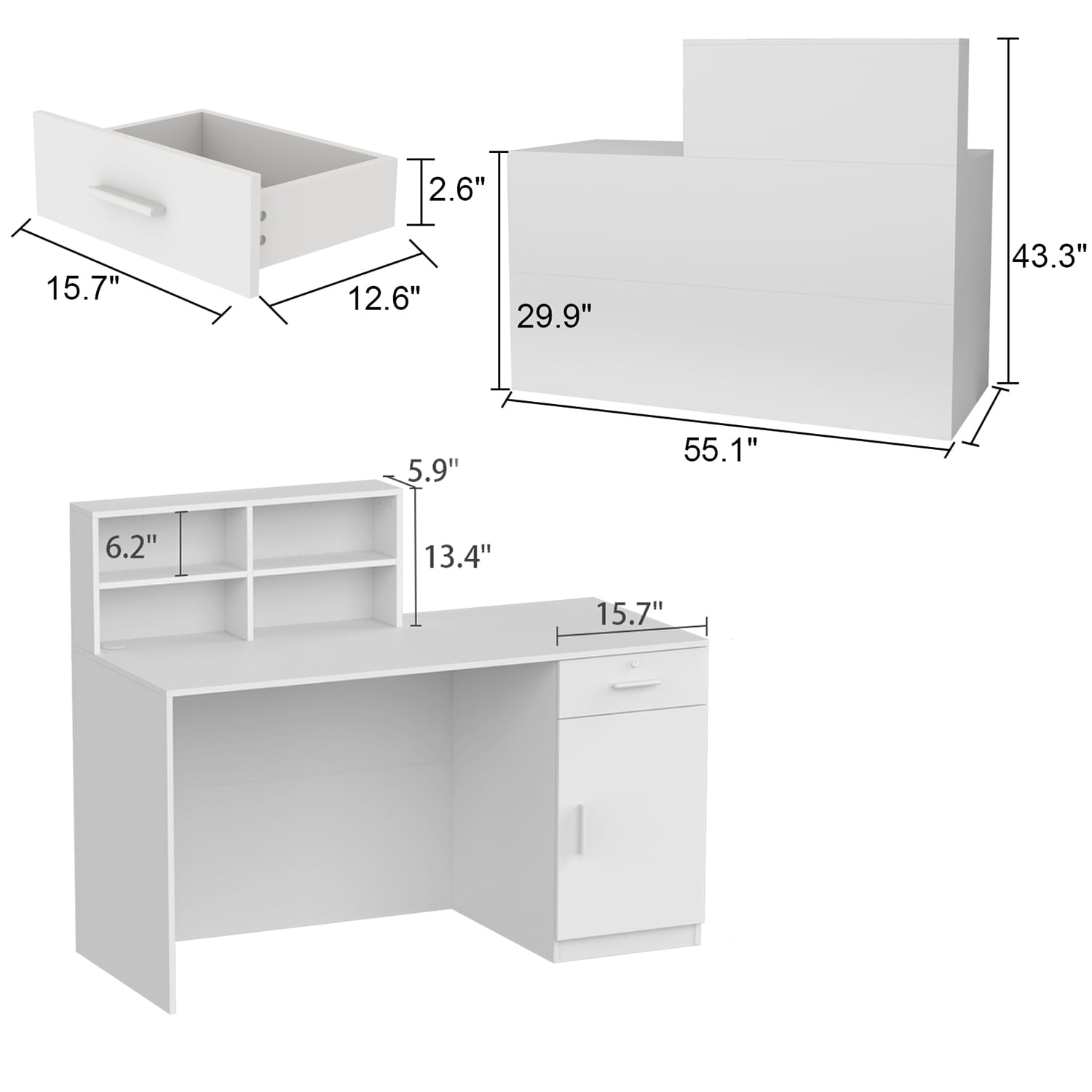 FUFU&GAGA 55.1 in. W x 43.3 in. H White MDF Computer Desk with a