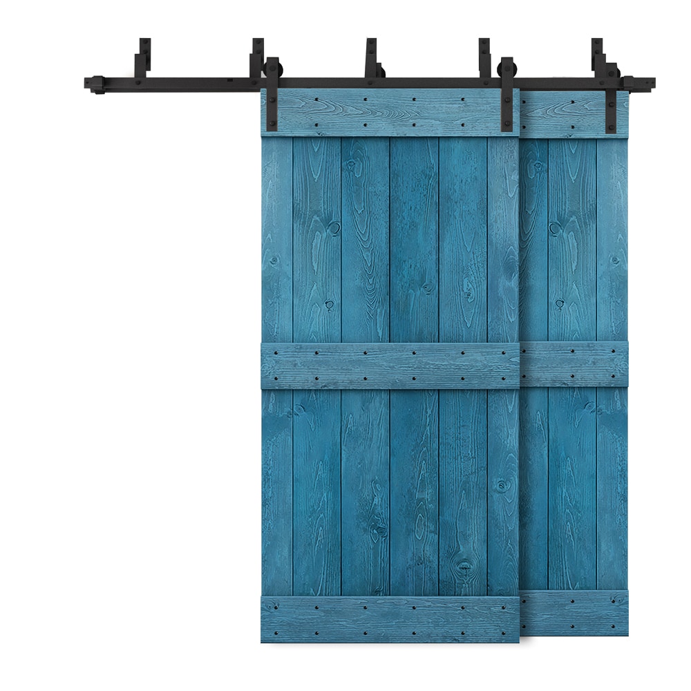 CALHOME 6XBP+MK96+(2)03-48N 96-in x 84-in Ocean Blue Knotty pine Wood Solid core Double Bypass Barn Door (Hardware Included)