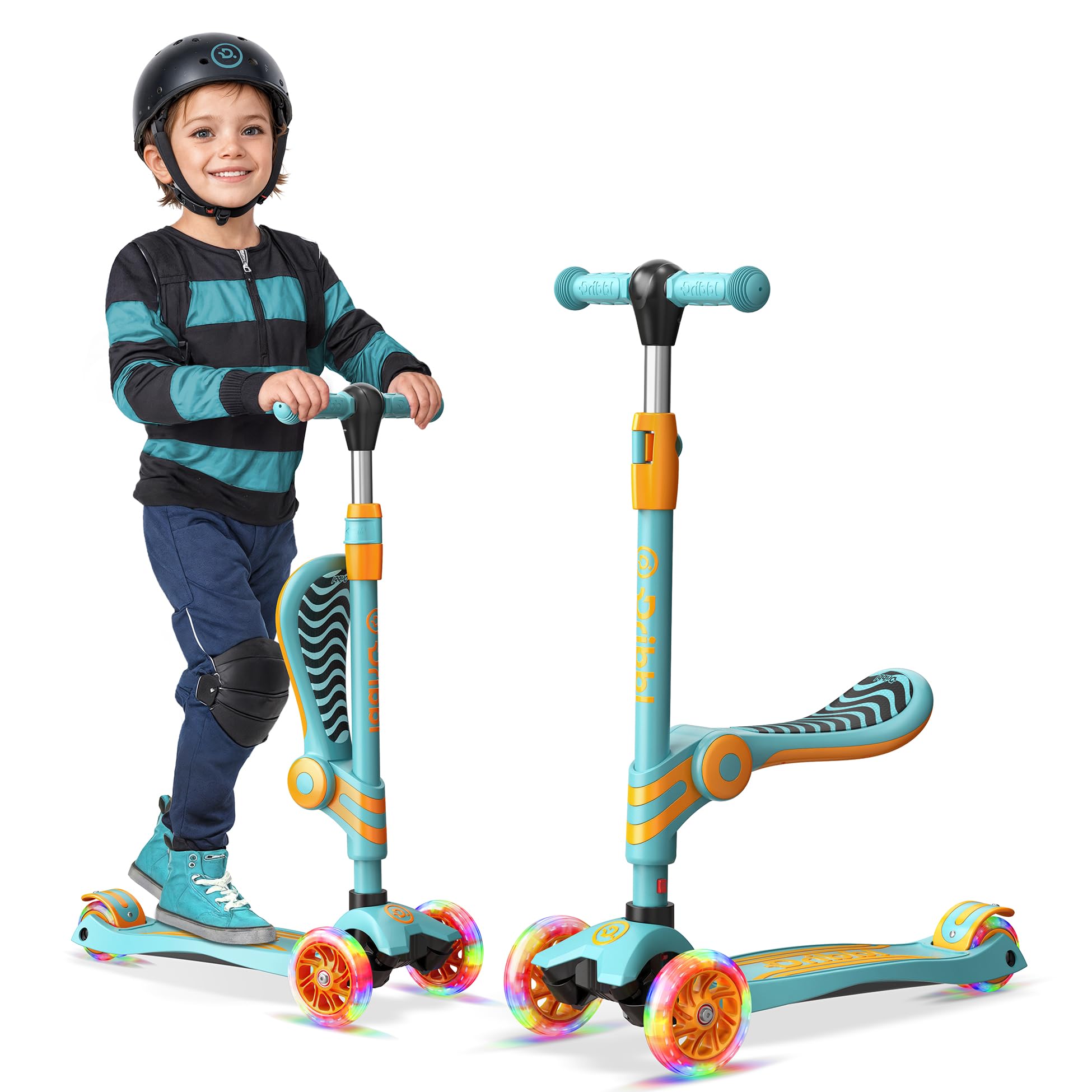 Dribbl Aqua and Orange 3-Wheel Scooter with Seat for Kids Light-Up Wheels Adjustable Lean-To-Steer Handlebar and Seat Smooth Wheels Wide No-Slip Deck Rear Foot Brake Toddler Outdoor Toy Ages 2+