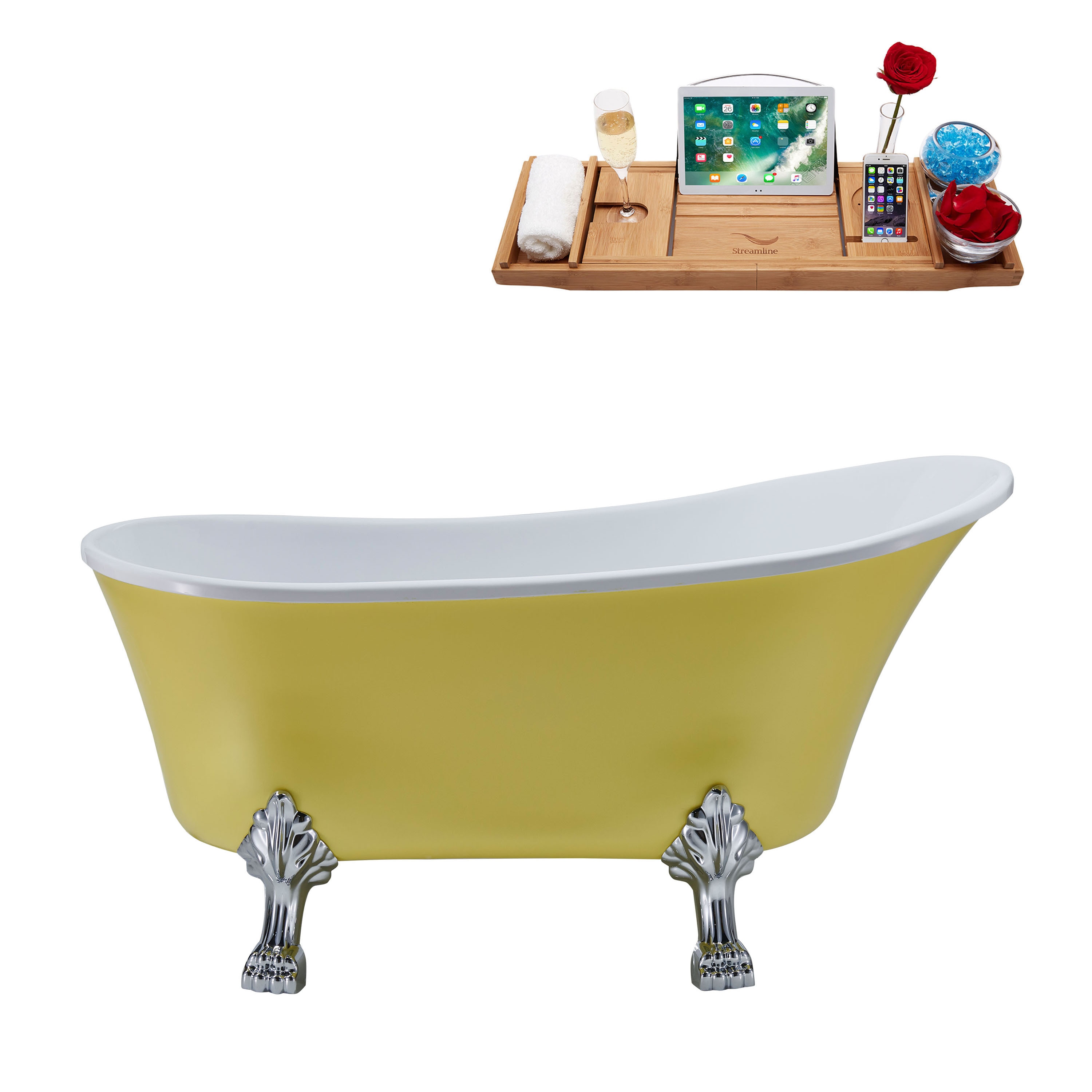 Streamline N363CH-IN-BNK 28.3-Inches x 63-Inches Matte Yellow Acrylic Oval Clawfoot Soaking bathtub Drain ( Reversible Drain )