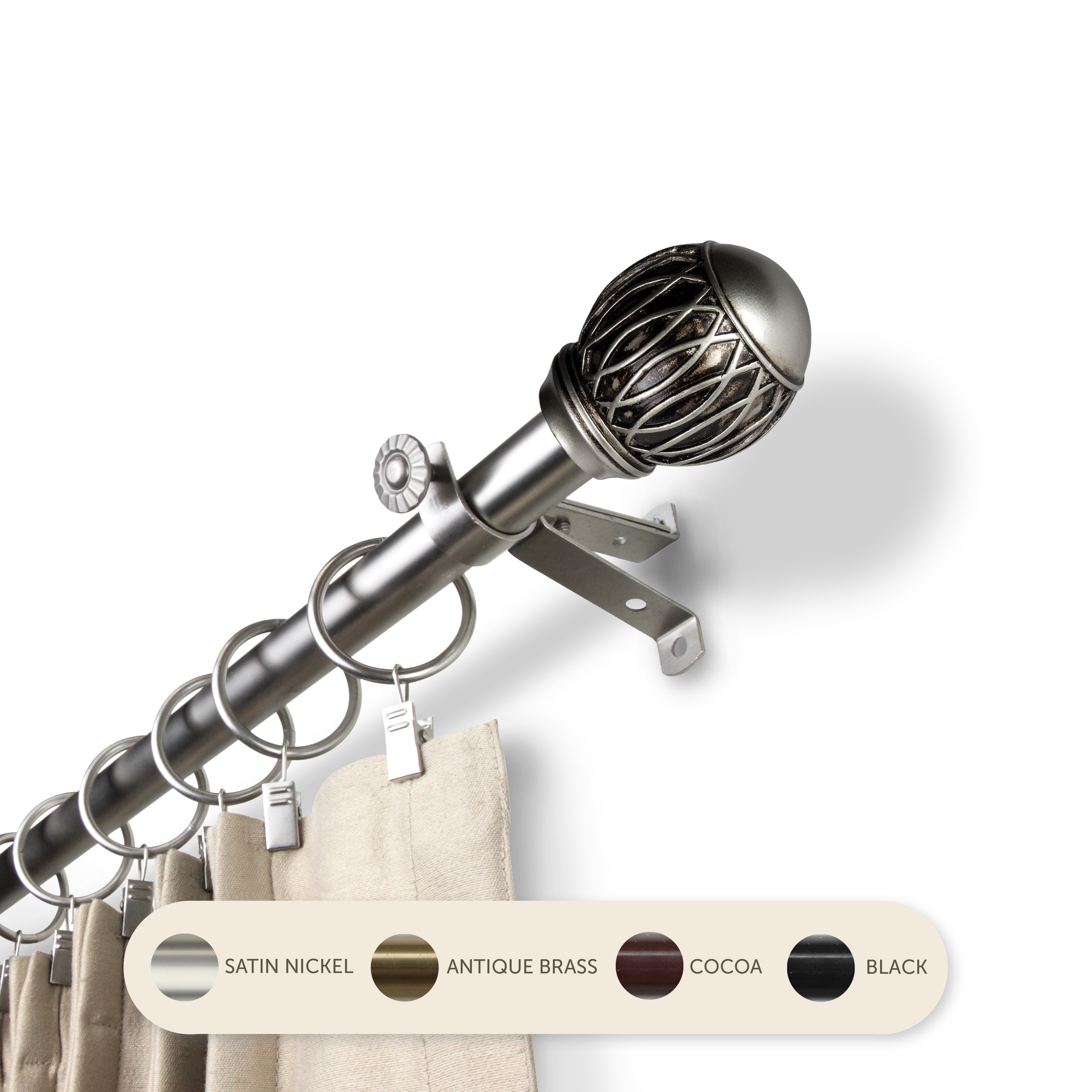 Hart & Harlow L-4880-665 Tacoma 13/16-in 66-in to 120-in Satin nickel Steel Single curtain rod with Finials
