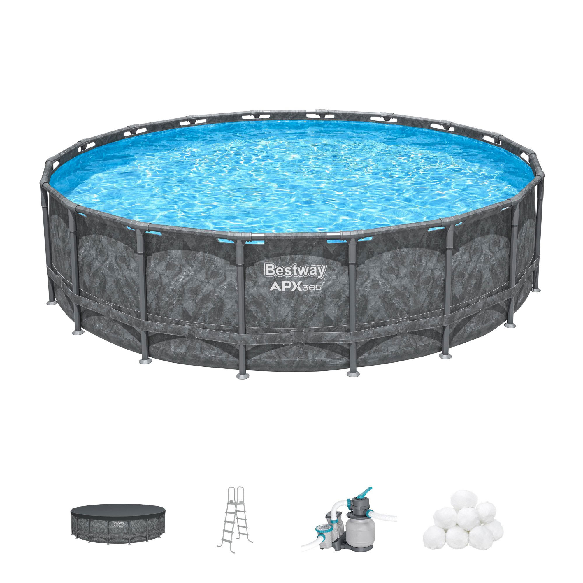 Bestway APX 365 18ft x 52 inches Round Above Ground Swimming Pool Outdoor Backyard Framed Pool Set with Sand Filter Pump Ladder and Cover Dark Marble