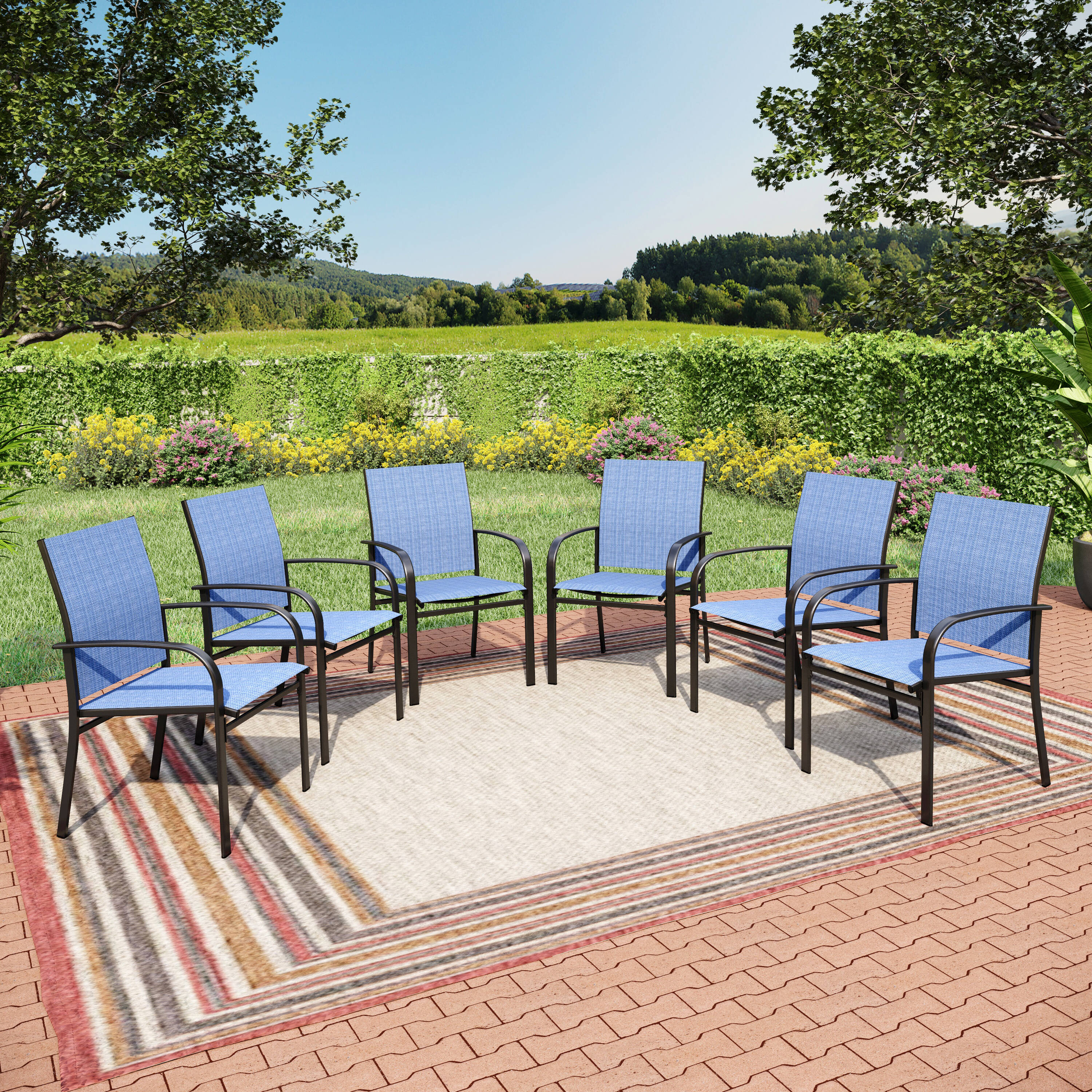 Sunshine Valley E02GF154-B Set of 6 Black Steel Frame Stationary Dining Chair with Blue Textilene Sling Seat