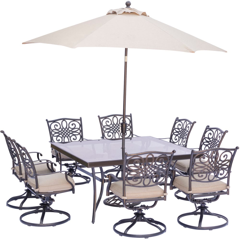 Hanover TRADDN9PCSWSQG-SU Traditions 11-Piece Bronze Patio Dining Set with Tan Cushions
