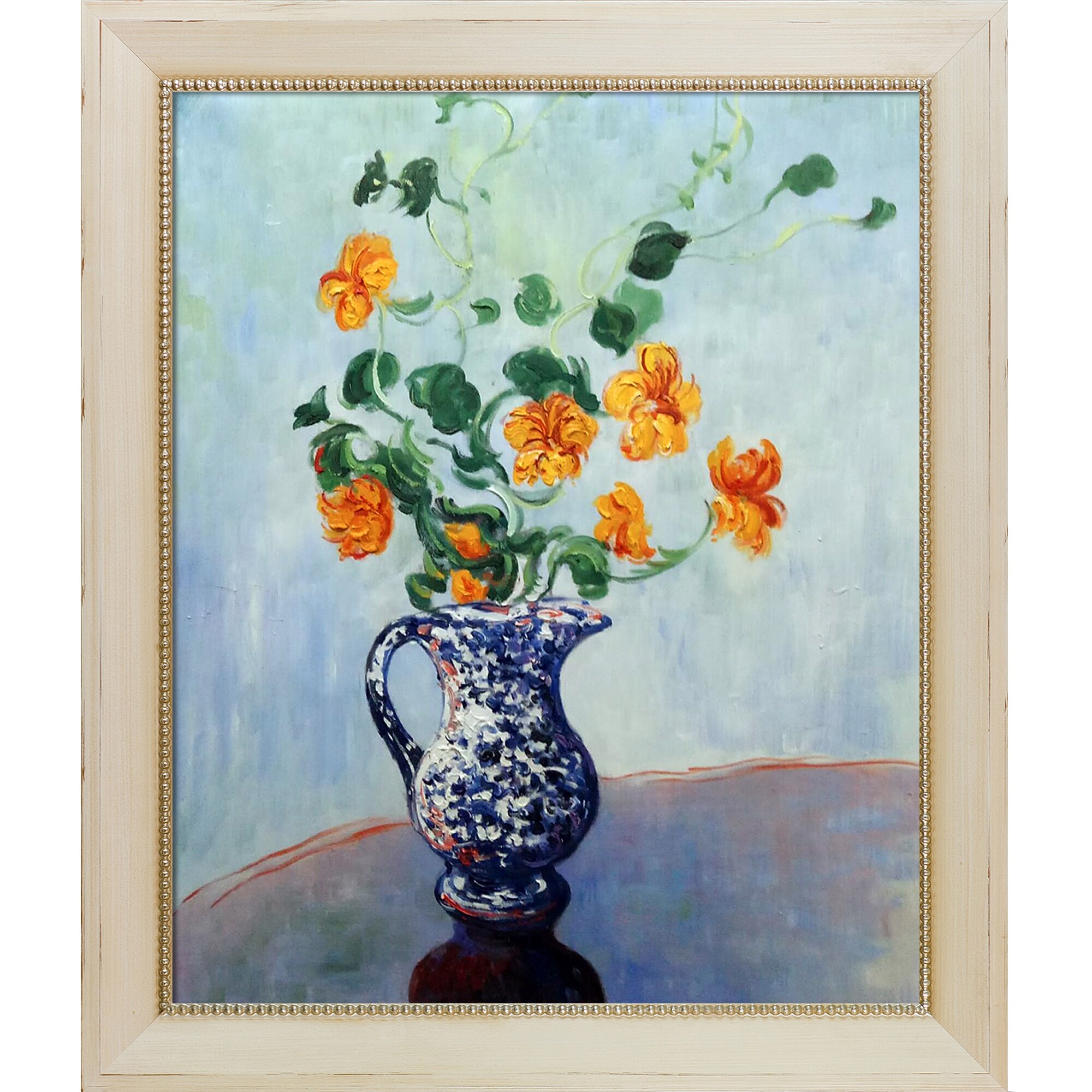 La Pastiche 688576890678 Nasturtiums In A Blue Vase Claude Monet White Wood Framed 24.5-in H x 28.5-in W Floral Canvas Hand-painted Painting