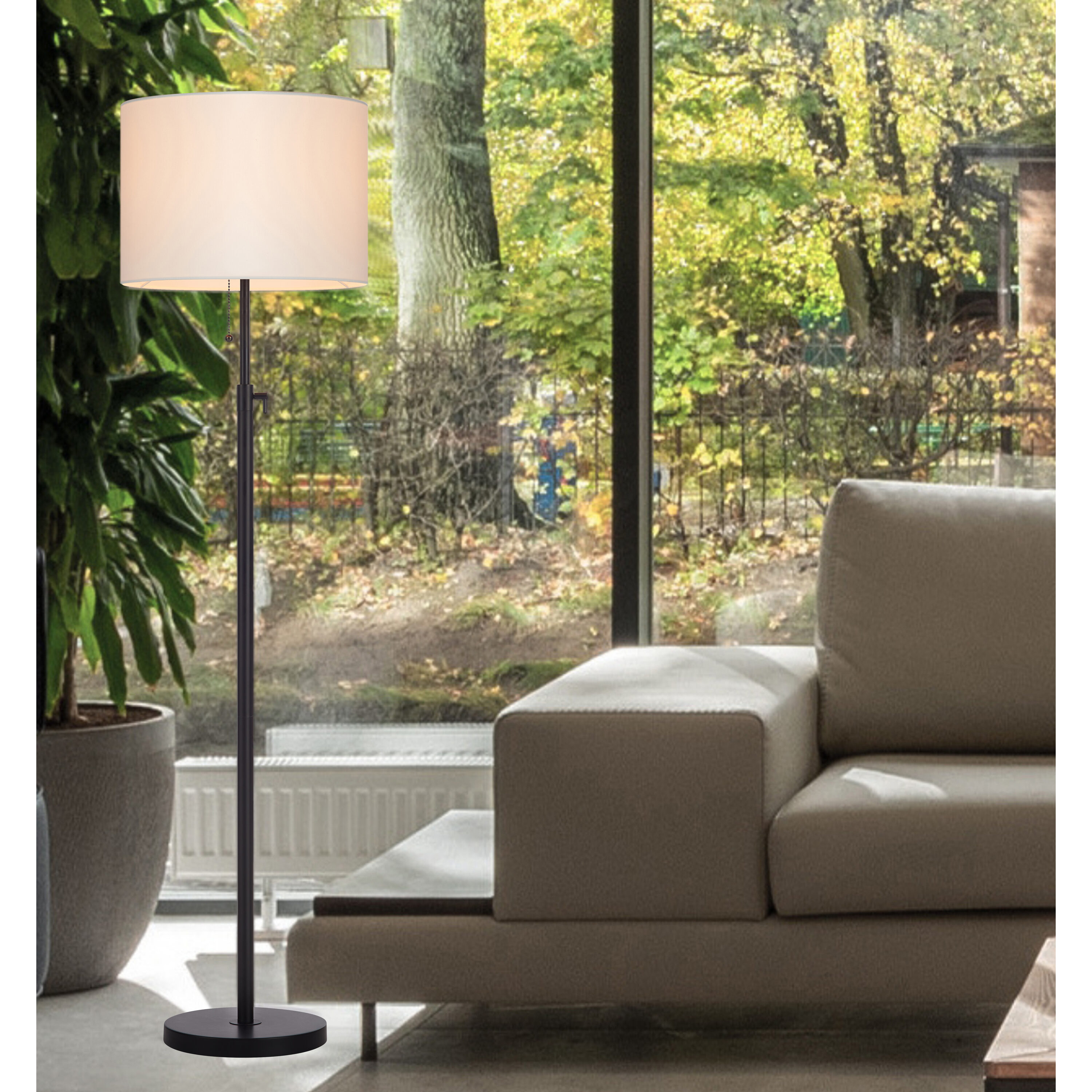 Adjustable Black Metal Floor Lamp with Beige Drum Shade
