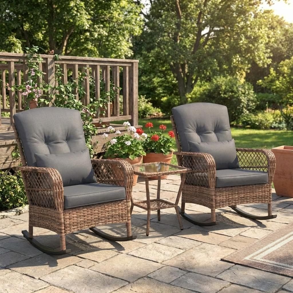 Garvee 3 Piece Outdoor Rattan Rocking Chair Bistro Set with 2 Tier ...