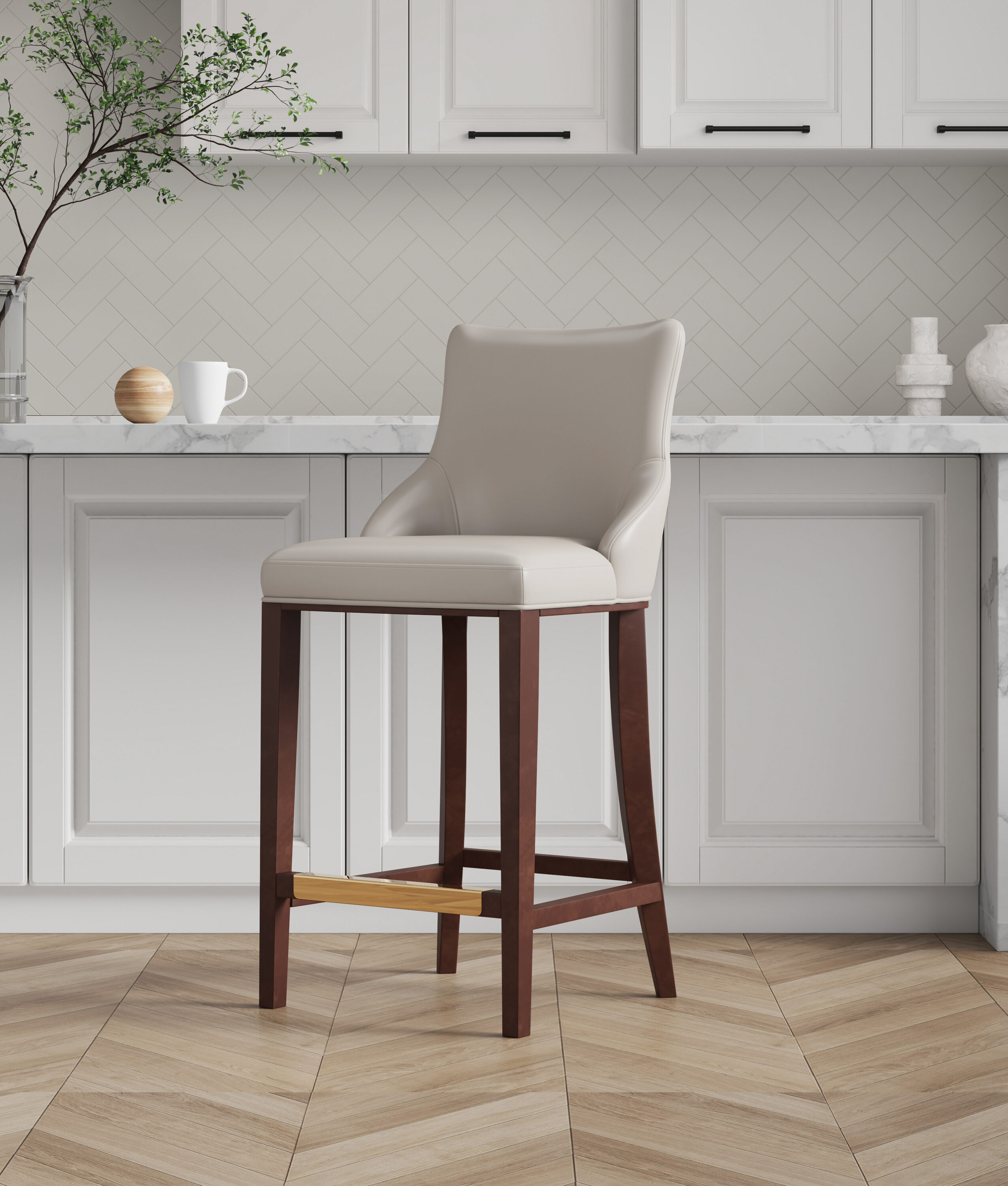 Light Grey Leatherette Upholstered Barstool with Beech Wood Legs
