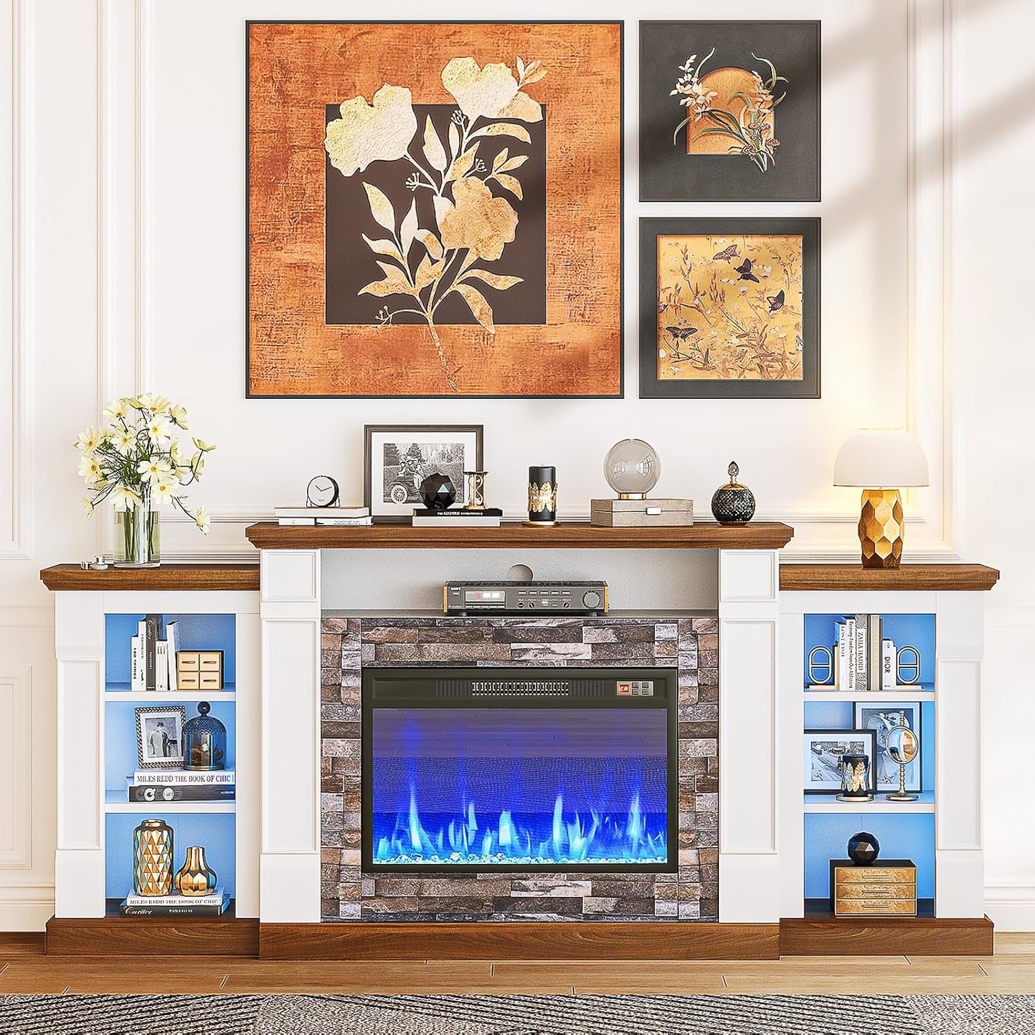 Bapipro TE33A70WB 70-in W White TV Stand with Infrared quartz Flat wall Electric Fireplace with Remote Control Included