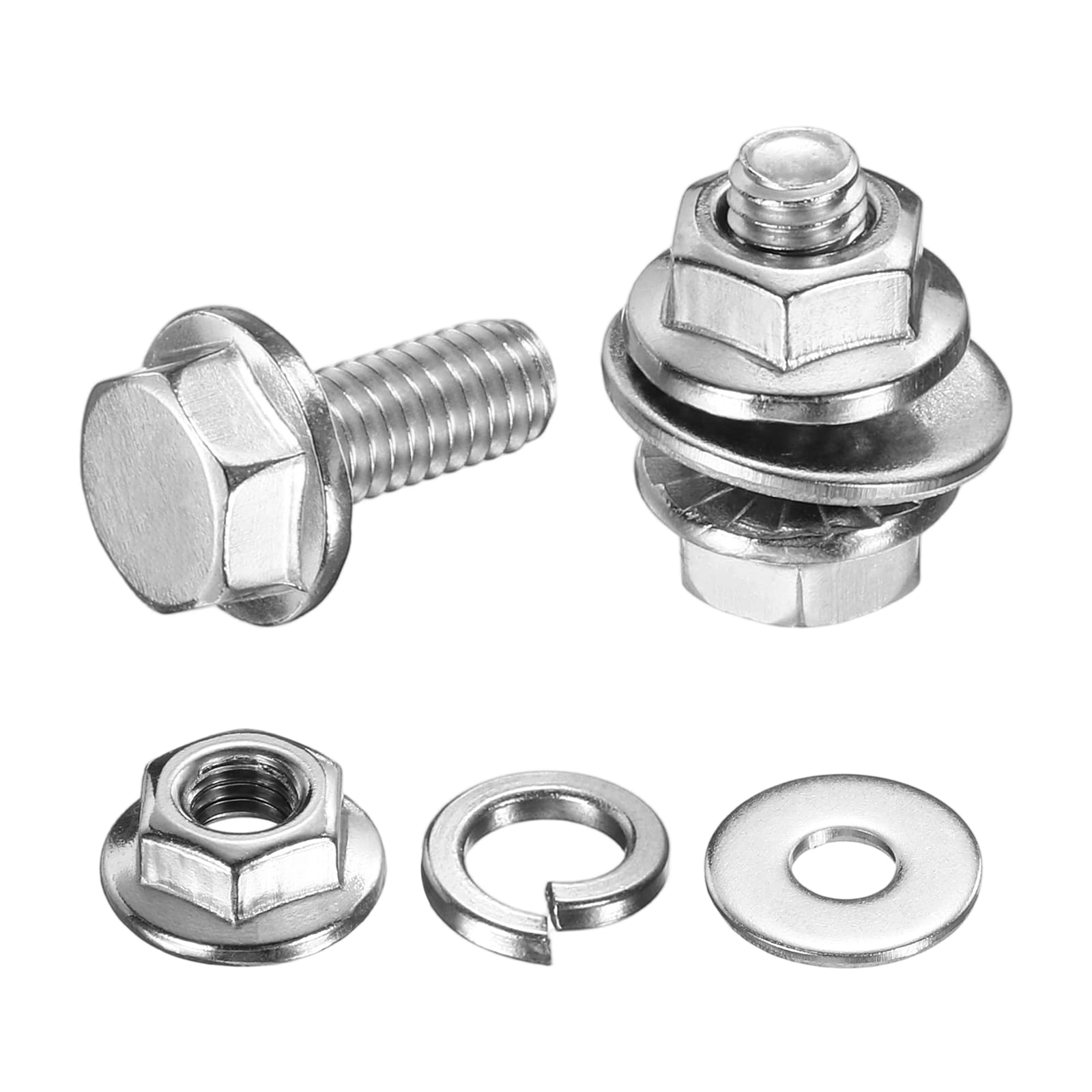 Unique Bargains M4 x 10mm Phillips Flanged Hex Head Bolts 20pcs 304 Stainless Steel Flange Hexagon Screws with Nuts Flat and Lock Washers Fully Threaded for Machinery Industry Home Silver