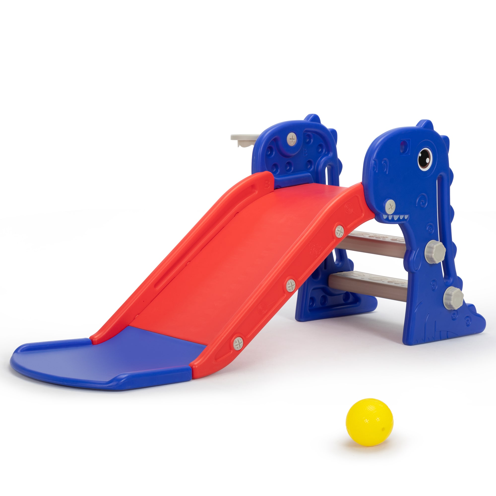 Siavonce XH39443 3 in 1 Freestanding Toddler Slide, Indoor Outdoor Playground with Basketball Hoop and Ball for Kids Under 3 Years, Red and Blue