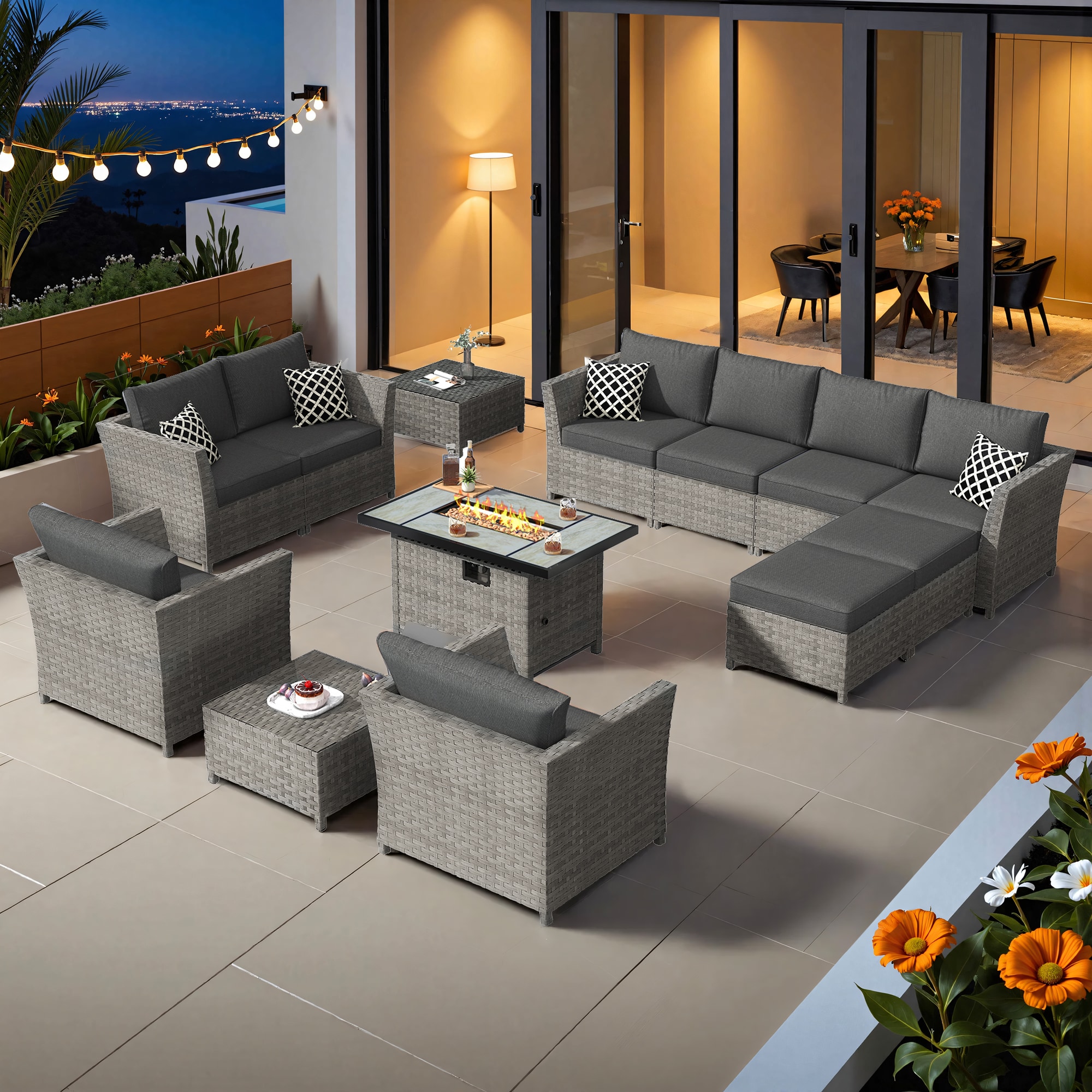XIZZI XXIBRS105-12CFP Pervinca 13 -Piece Rattan Patio Sofa Conversation Set with Black Cushions